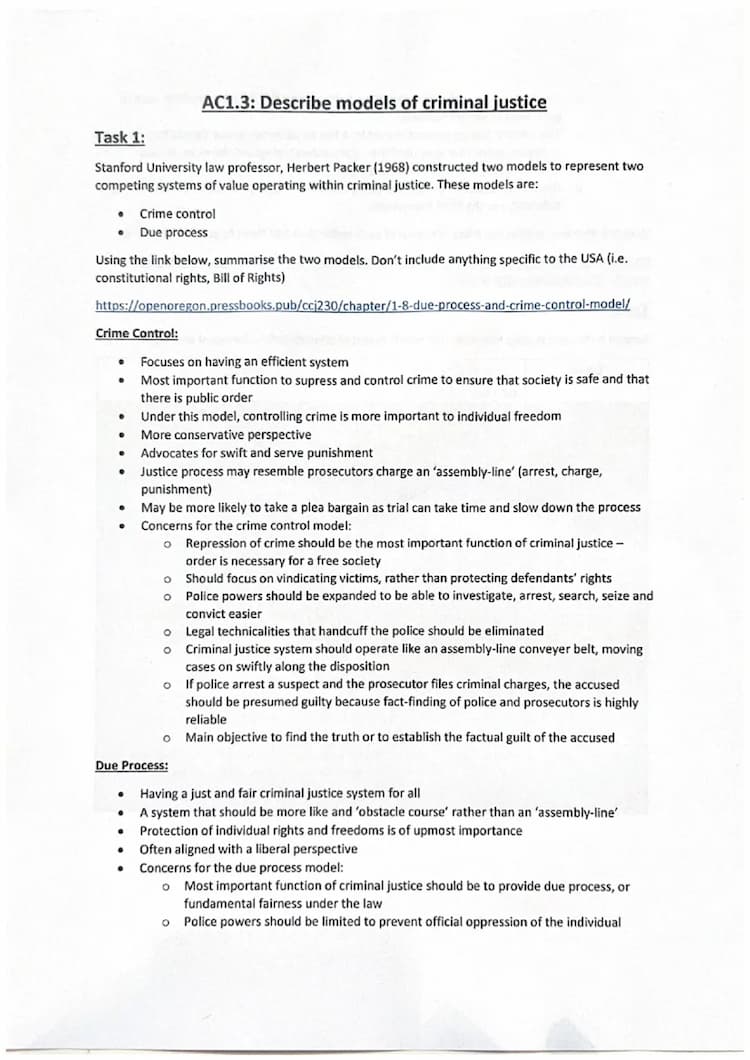 Criminology Unit 4 AC 1.3: Models of Criminal Justice - Notes and 