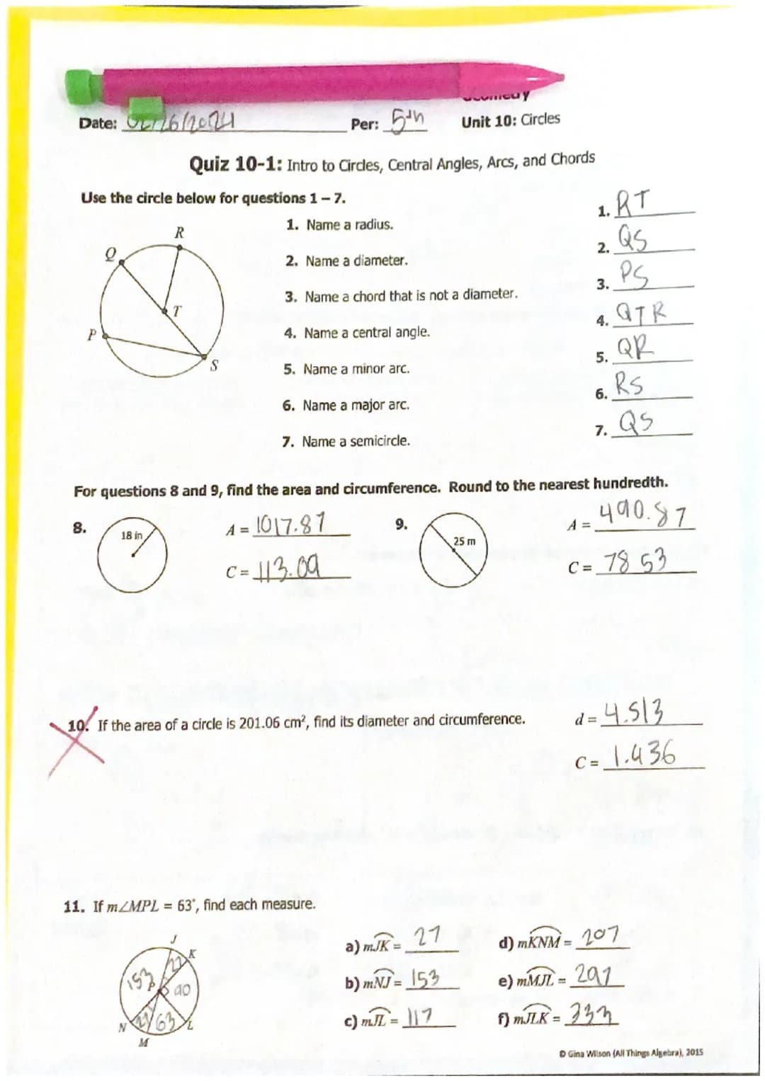 Quiz 10-1: Intro to Circes, Central Angles, Arcs, and Chords