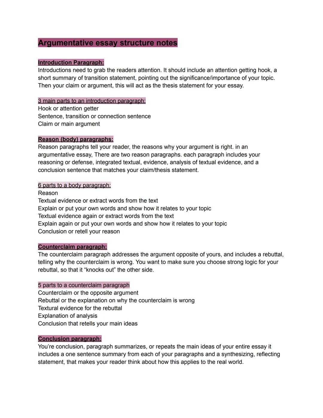 Argumentative essay structure notes
Introduction Paragraph:
Introductions need to grab the readers attention. It should include an attention