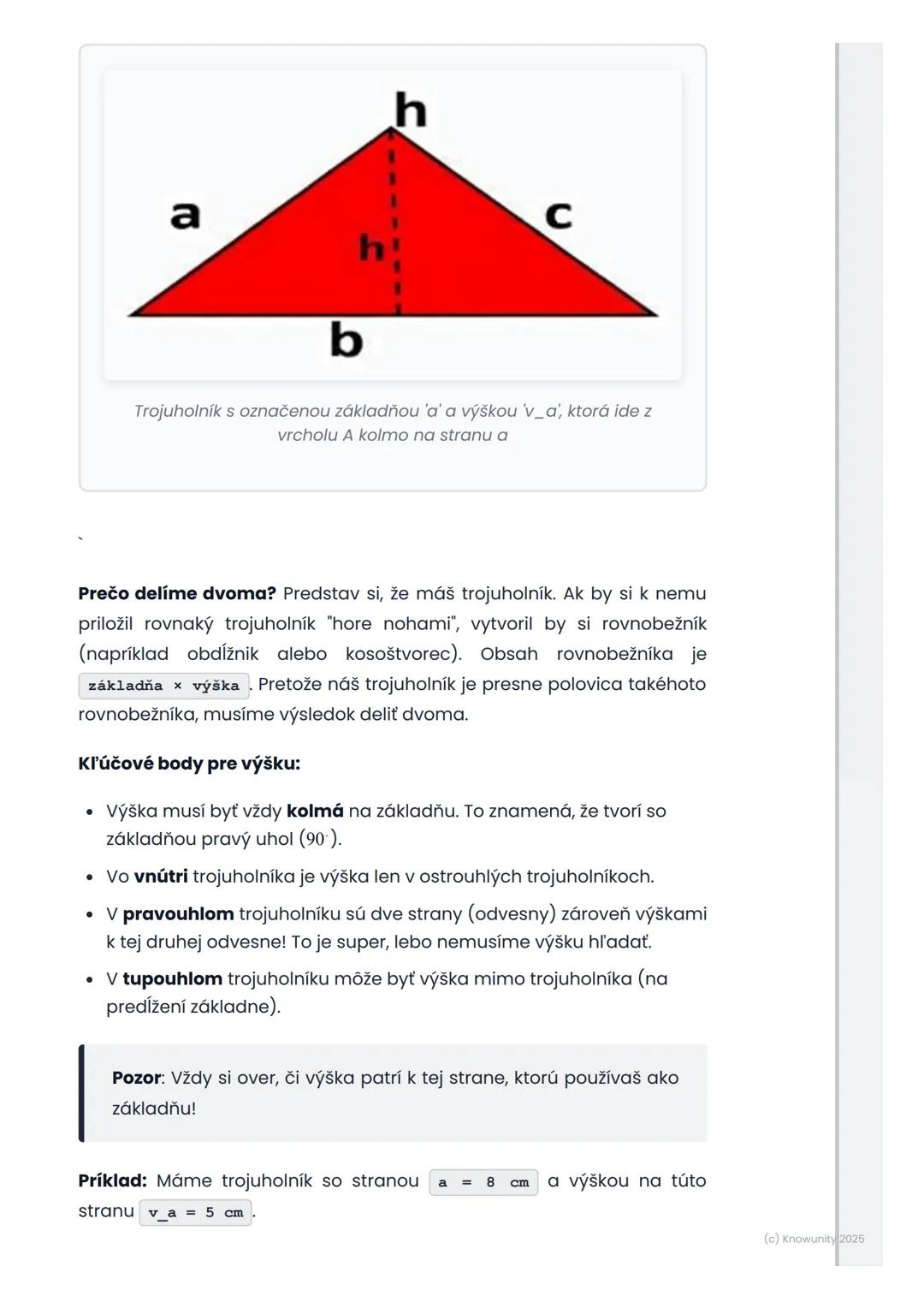 # Obvod a obsah trojuholníka

## 1. Prehľad / Úvod

Dnes sa budeme učiť o trojuholníkoch, čo je super dôležité v
matematike! Trojuholníky sú