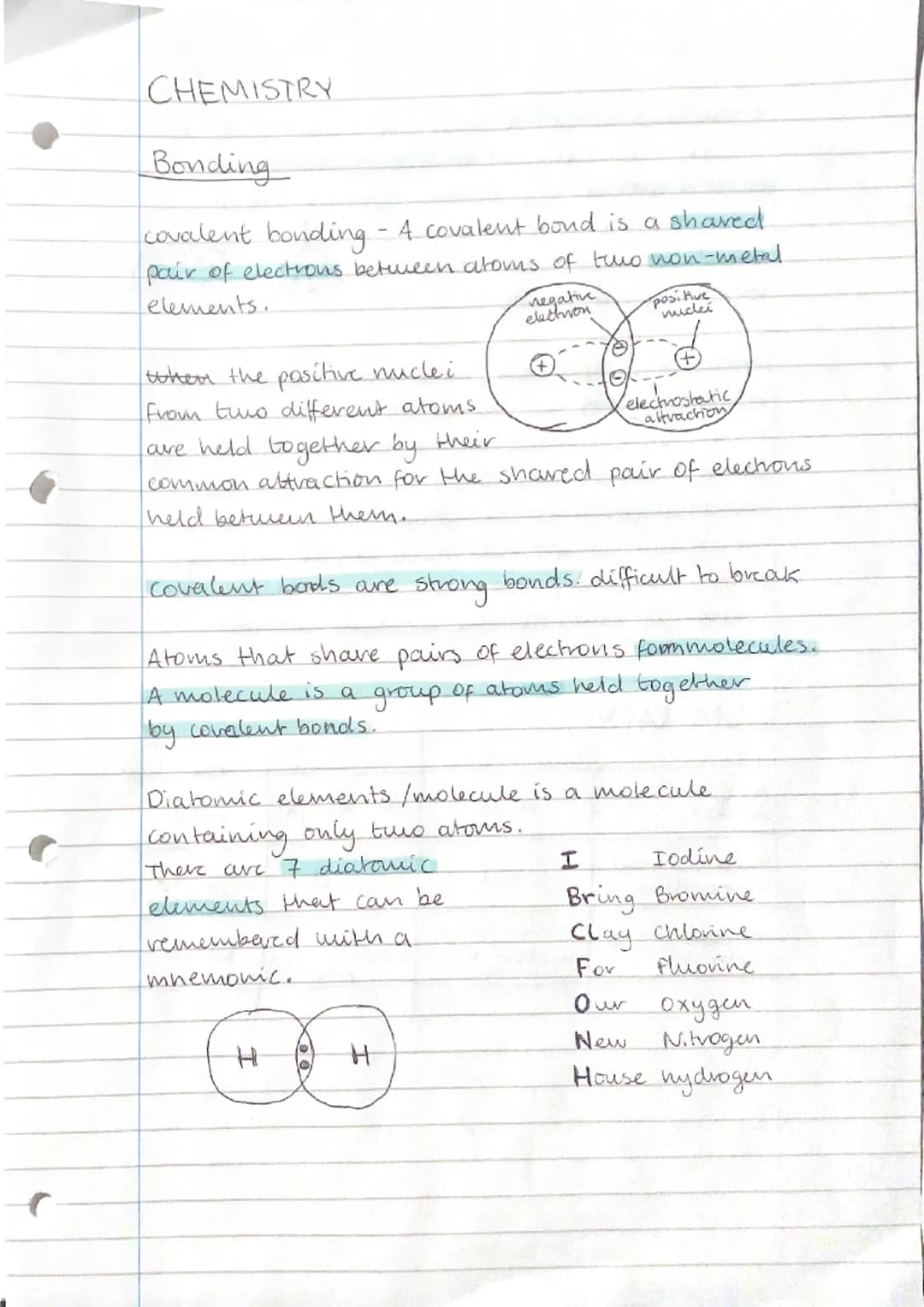 •
C
CHEMISTRY
Bonding
covalent bonding - A covalent bond is a shared
pair of electrons between atoms of two non-metal.
elements.
when the po