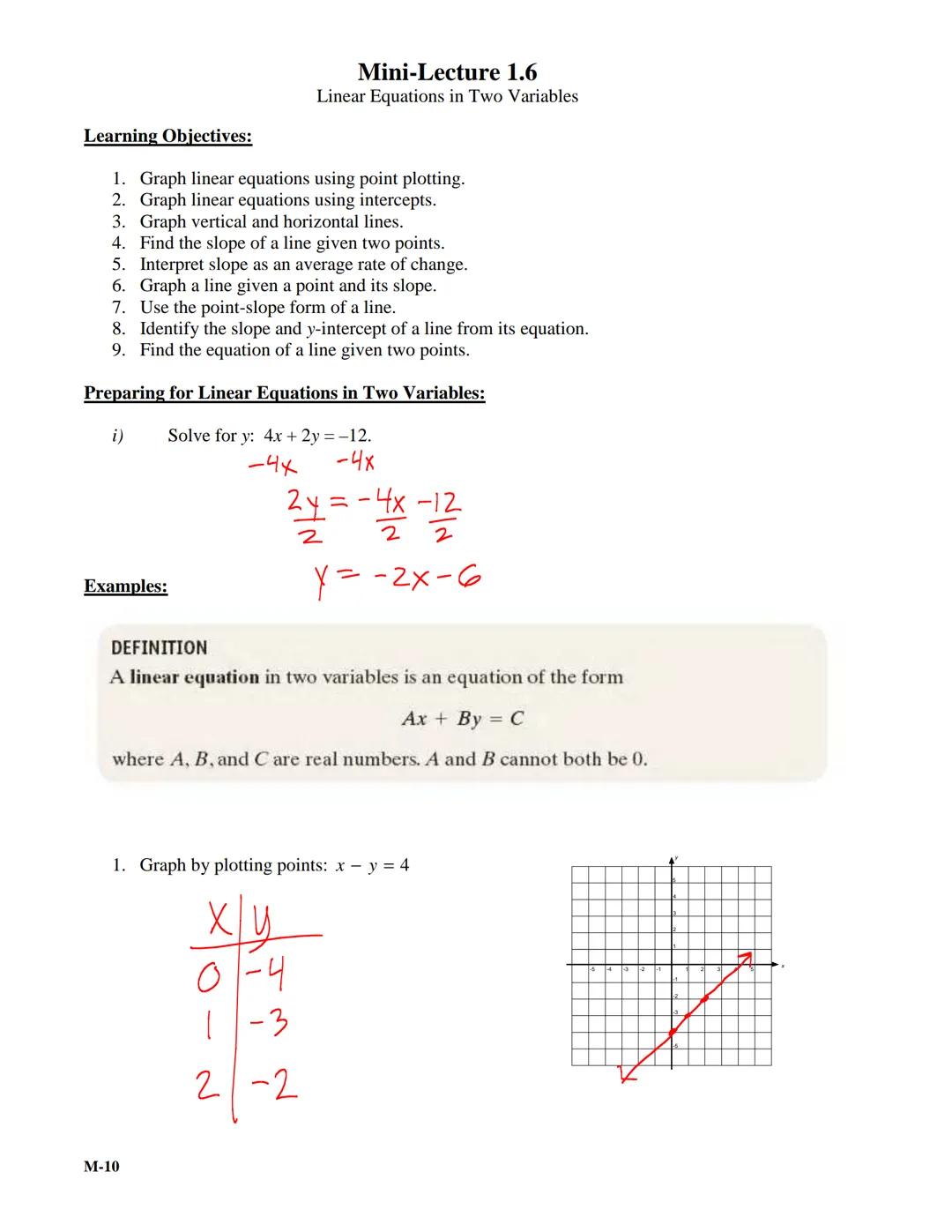 Learning Objectives:
1. Graph linear equations using point plotting.
2. Graph linear equations using intercepts.
Mini-Lecture 1.6
Linear Equ