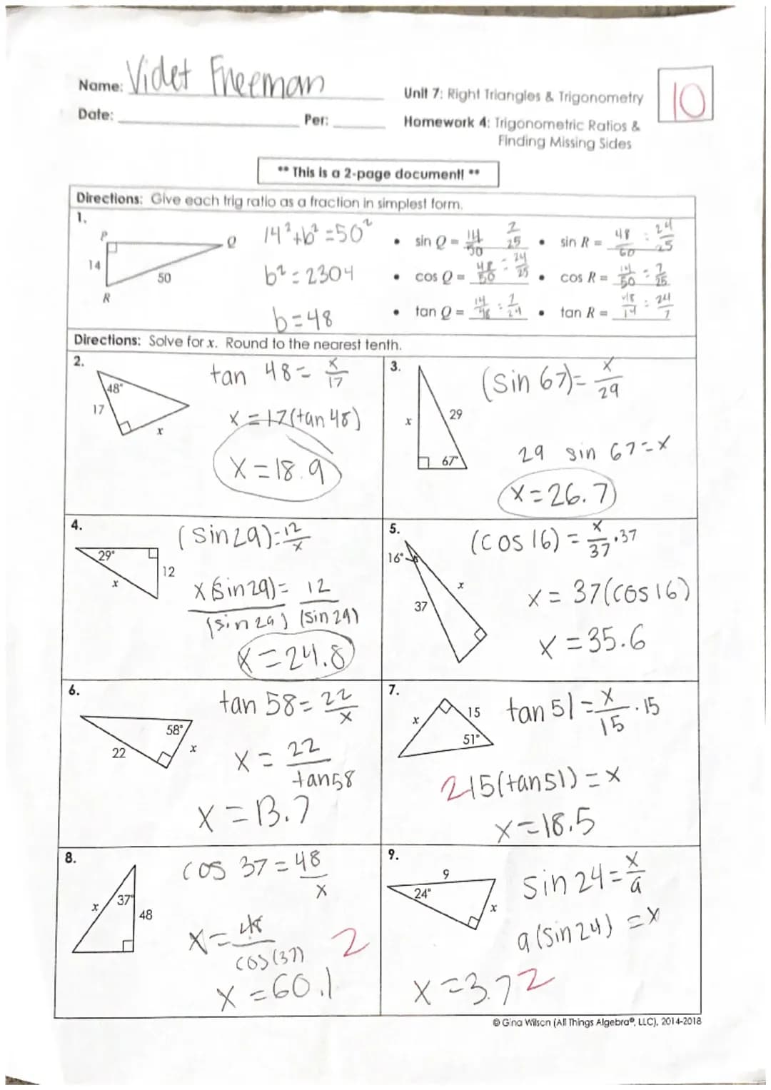 Unit 7: Right Triangles & Trigonometry Homework 4: Trigonometric Ratios & Finding Missing Sides