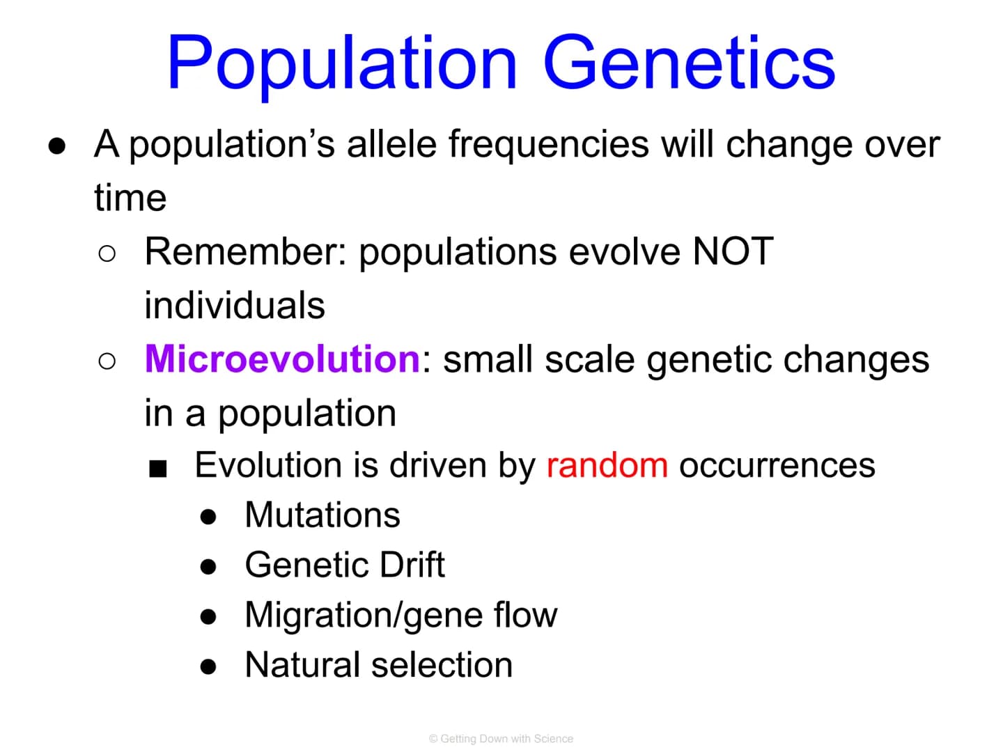 Population Genetics and
Hardy Weinberg Equilibrium
© Getting Down with Science Key Terms
allele: one of a number of alternative forms of the