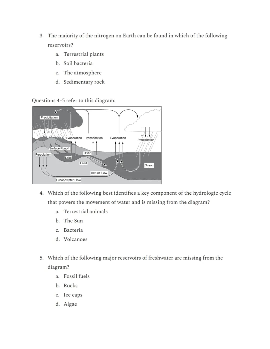 APES Unit 1: Multiple Choice from AP Classroom
Questions 1-3 refer to this diagram:
Bacteria
Nitrates (NO3)
Bacteria
in Soil
Nitrogen Gas (N