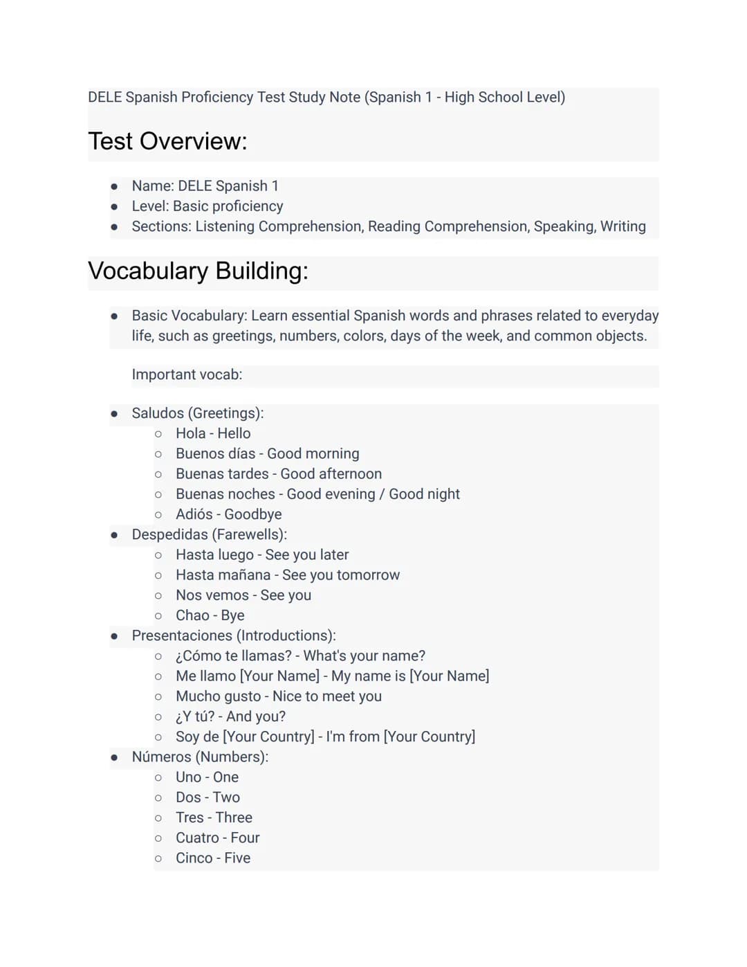 DELE Spanish Proficiency Test Study Note (Spanish 1- High School Level)
Test Overview:
Name: DELE Spanish 1
● Level: Basic proficiency
● Sec