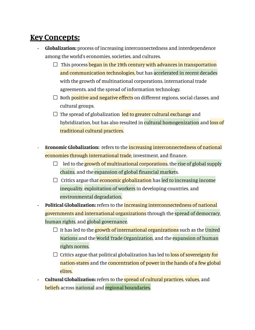 Key Concepts:
Globalization: process of increasing interconnectedness and interdependence
among the world's economies, societies, and cultur