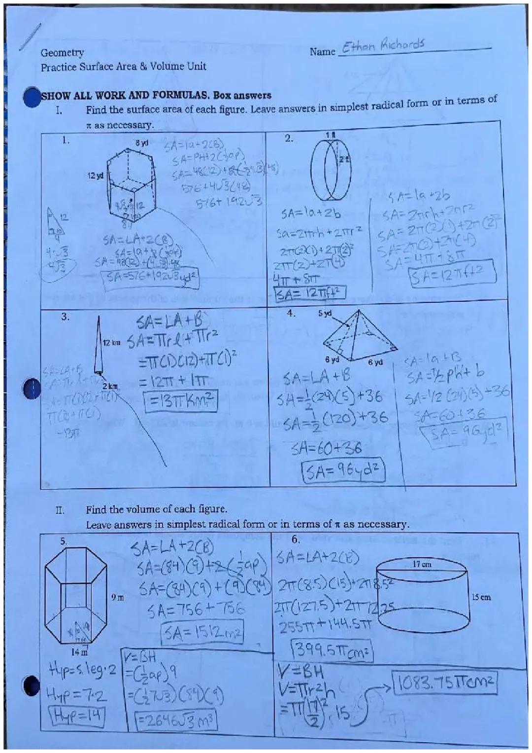 Practice Surface Area and Volume Unit 
