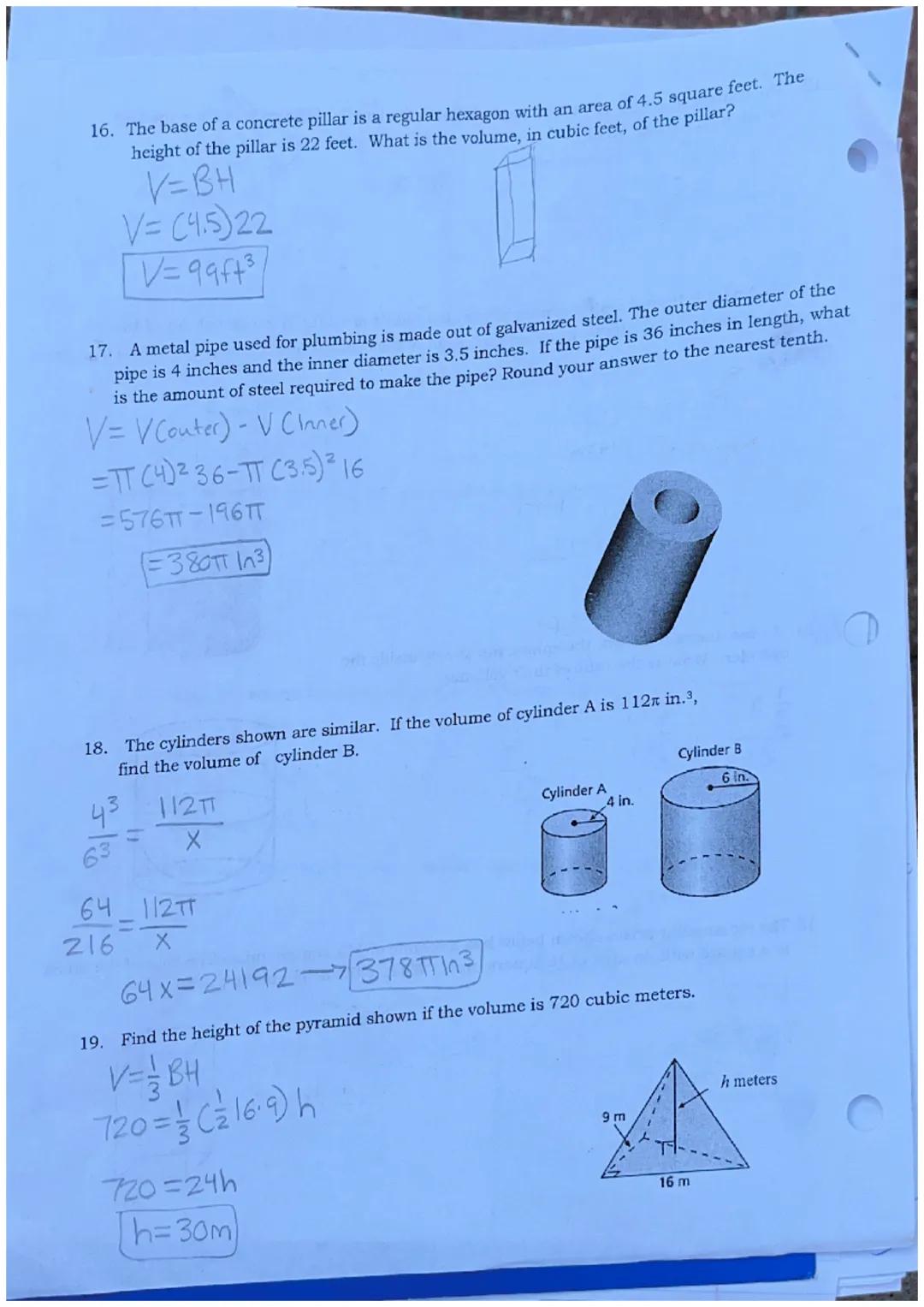Geometry
Practice Surface Area & Volume Unit
SHOW ALL WORK AND FORMULAS. Box answers
I.
1.
423
3.
II.
5.
Find the surface area of each figur