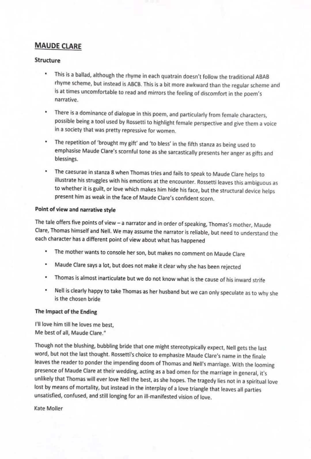 MAUDE CLARE
Structure
.
.
.
This is a ballad, although the rhyme in each quatrain doesn't follow the traditional ABAB
rhyme scheme, but inst