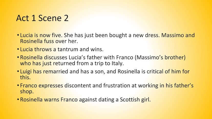 Tally's Blood Act 1 Scene 1
• Luigi is in mourning (his wife has died)
He gives his baby daughter to his sister-in-law Rosinella and her
hus