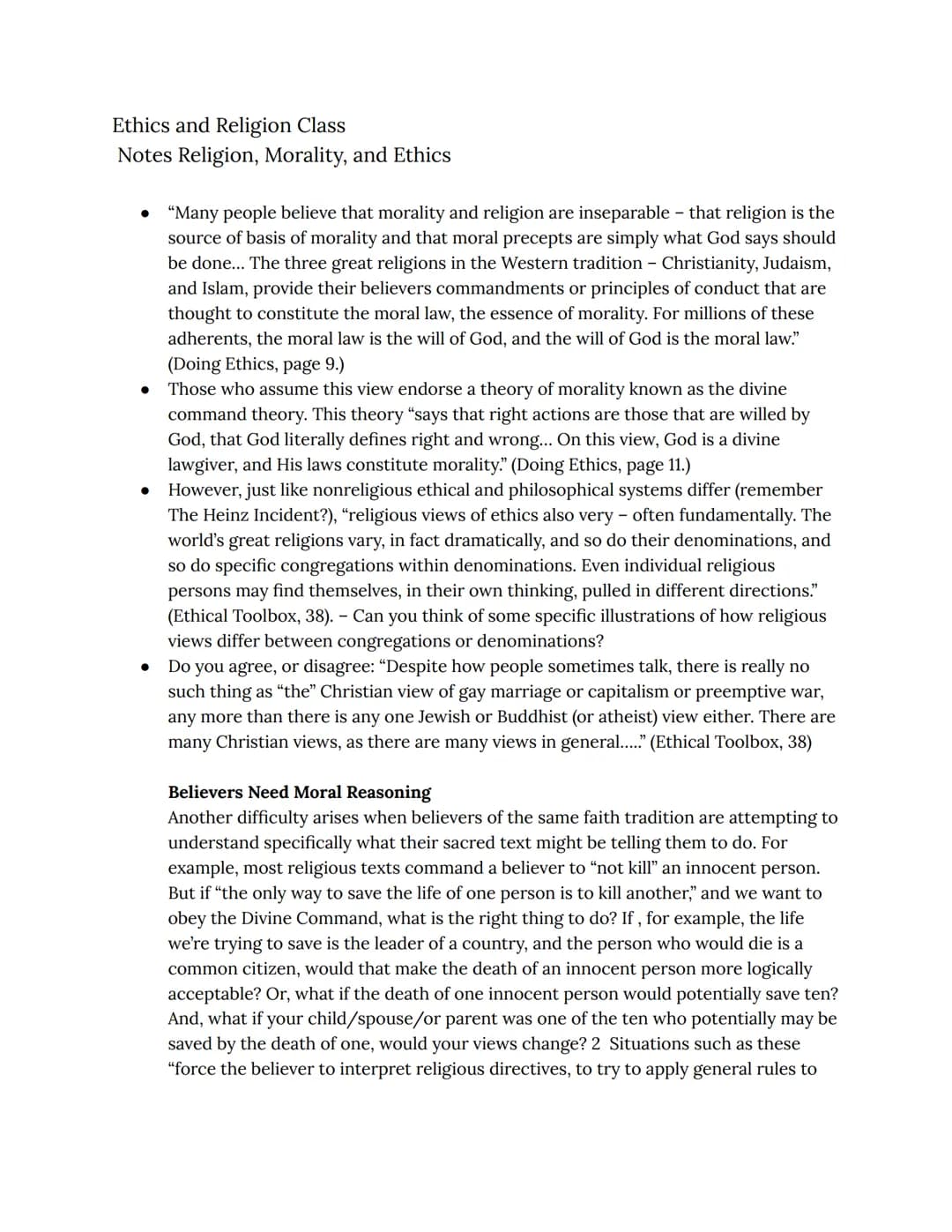 Ethics and Religion Class
Notes Religion, Morality, and Ethics
● "Many people believe that morality and religion are inseparable that religi