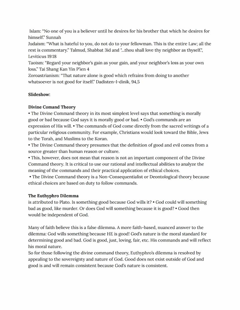 Ethics and Religion Class
Notes Religion, Morality, and Ethics
● "Many people believe that morality and religion are inseparable that religi