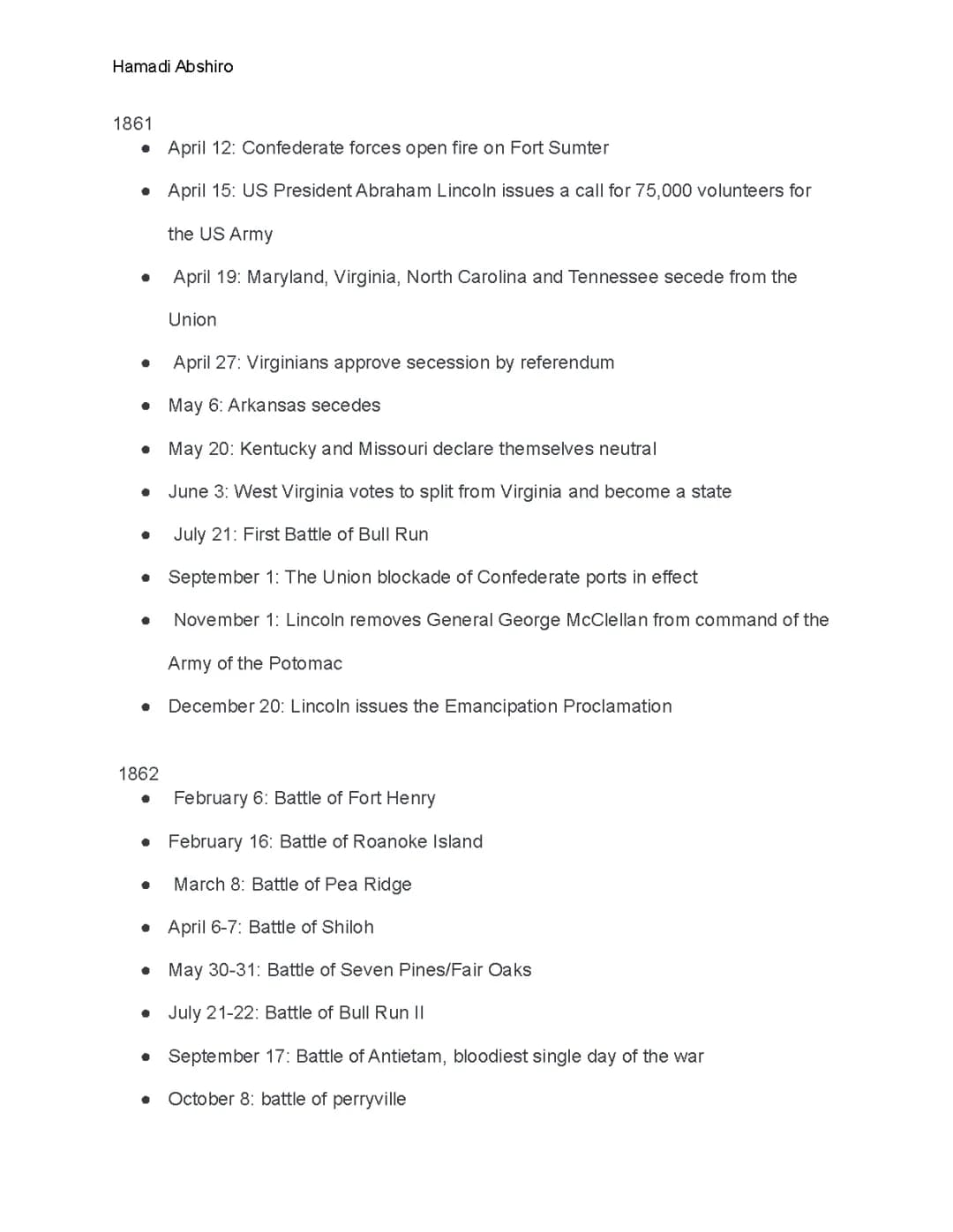 American Civil War Timeline 