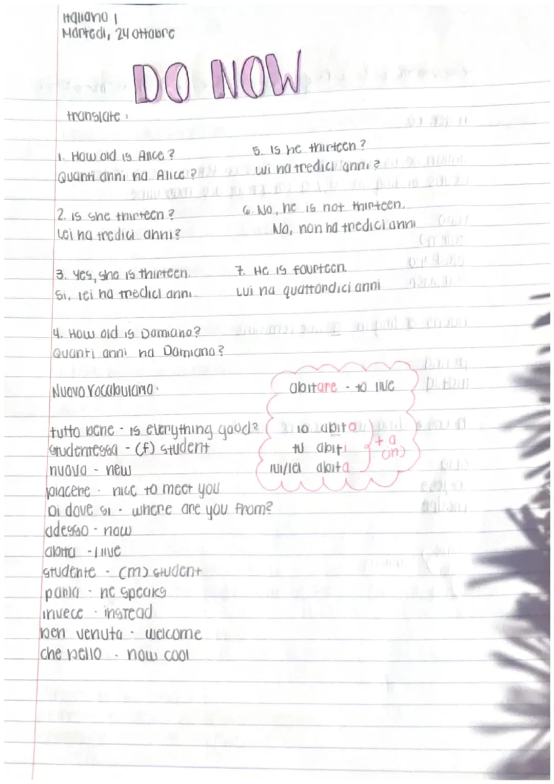 Italiano
Martedi, 24 ottobre
translate:
DO NOW
1. How old is Ance?
Quanti anni no Alice
2. is she thirteen ?
Lei ha tredici anni?
13. Yes, s