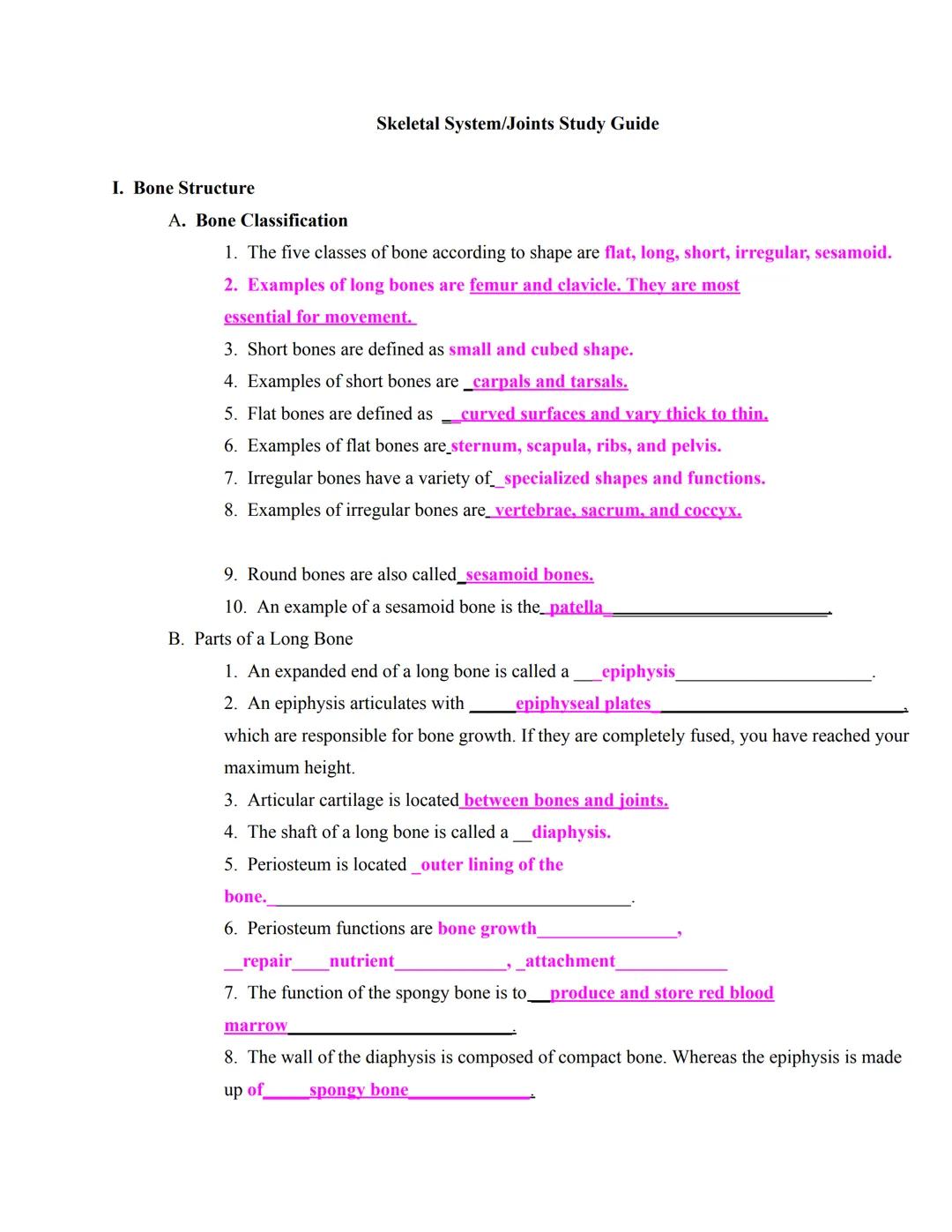 Skeletal System/Joints Study Guide 