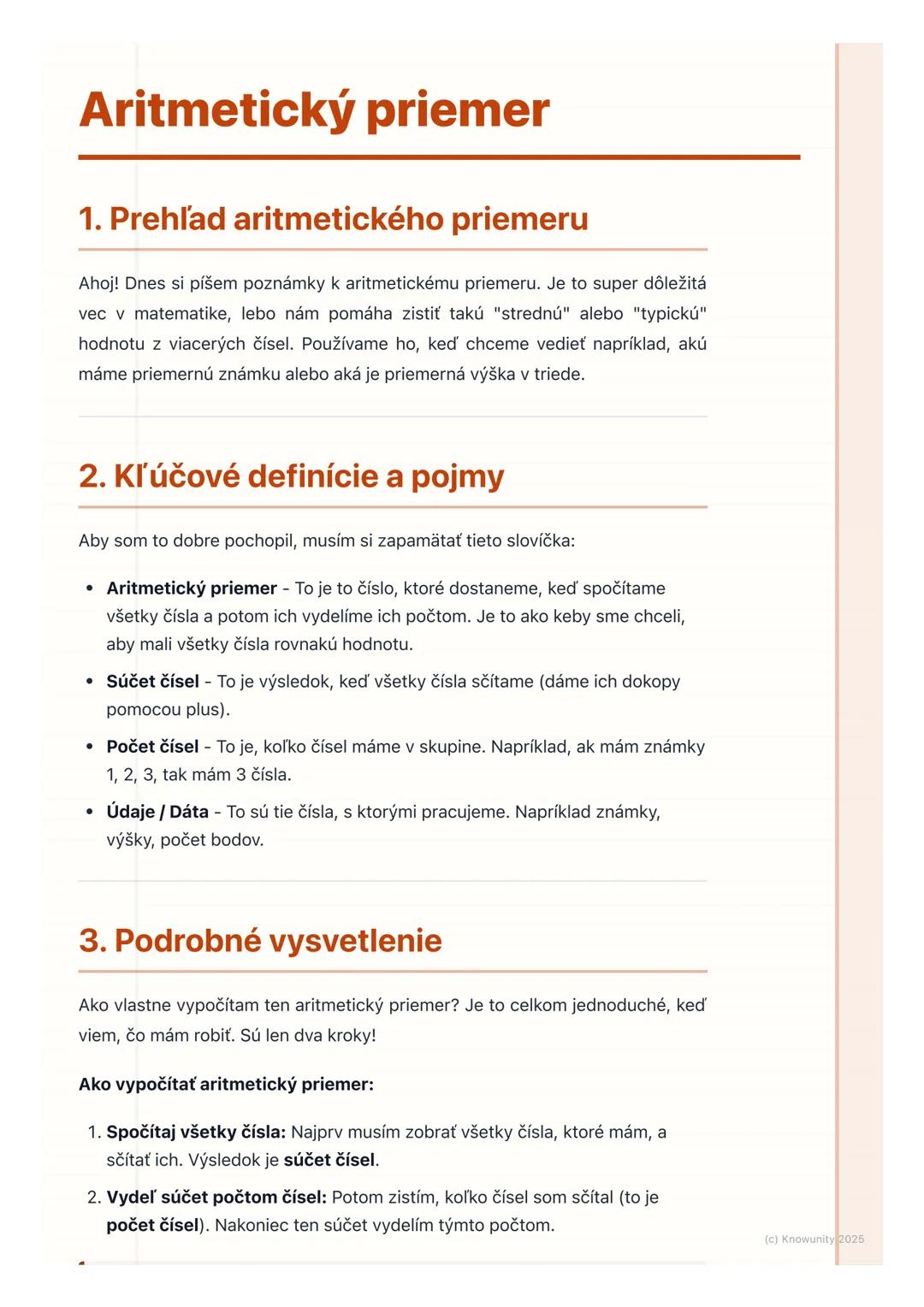 # Aritmetický priemer

1. Prehľad aritmetického priemeru

Ahoj! Dnes si píšem poznámky k aritmetickému priemeru. Je to super dôležitá
vec v 