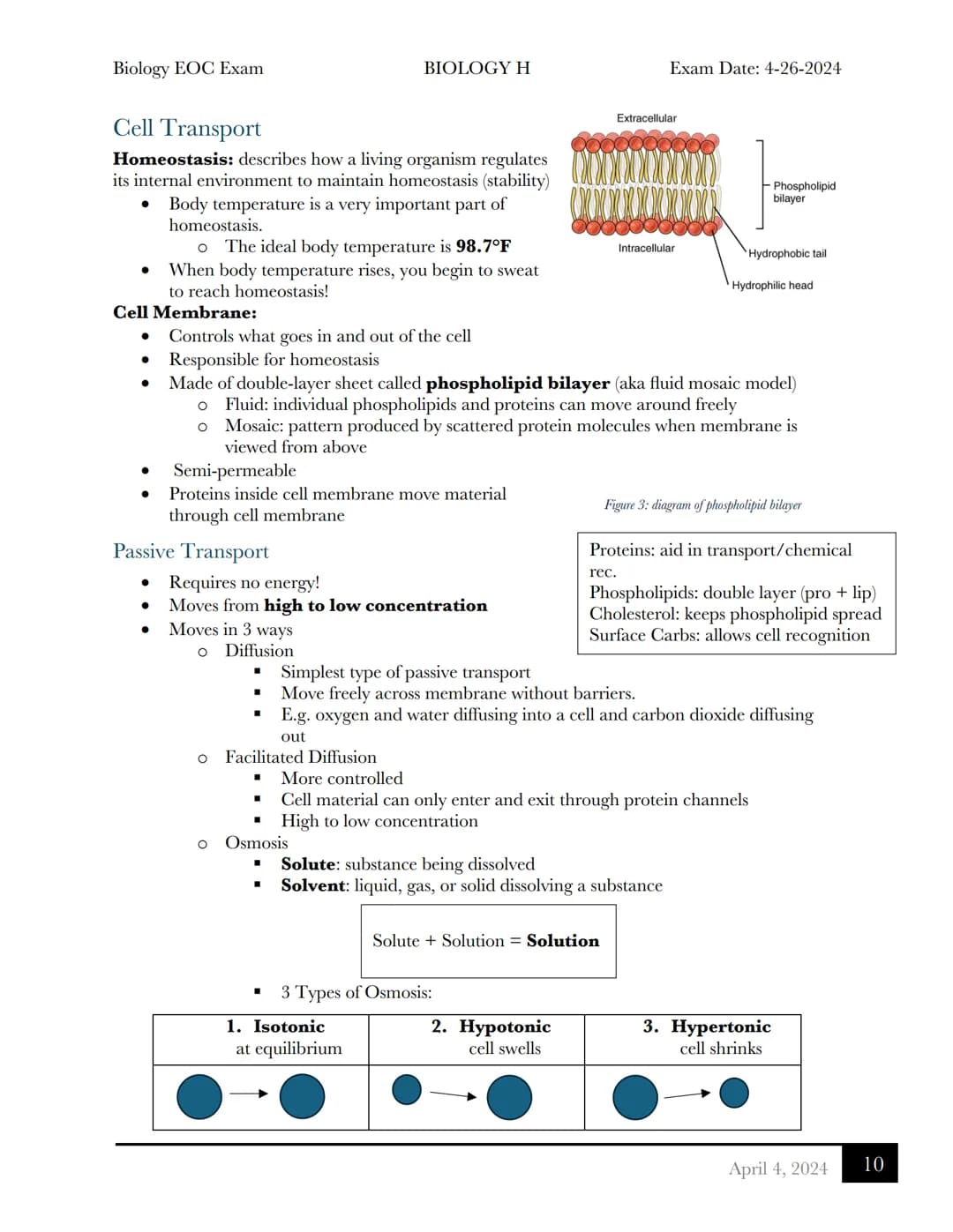 Biology EOC Exam
BIOLOGY H
Exam Date: 4-26-2024
Biology EOC Exam Review
Table of Contents
Cells
Cell Organelles....
3 Principles of Cell The