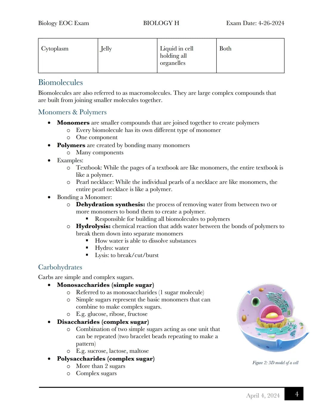 Biology EOC Exam
BIOLOGY H
Exam Date: 4-26-2024
Biology EOC Exam Review
Table of Contents
Cells
Cell Organelles....
3 Principles of Cell The