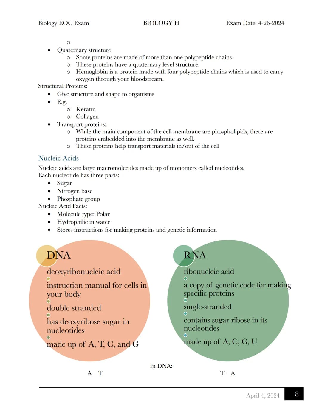 Biology EOC Exam
BIOLOGY H
Exam Date: 4-26-2024
Biology EOC Exam Review
Table of Contents
Cells
Cell Organelles....
3 Principles of Cell The