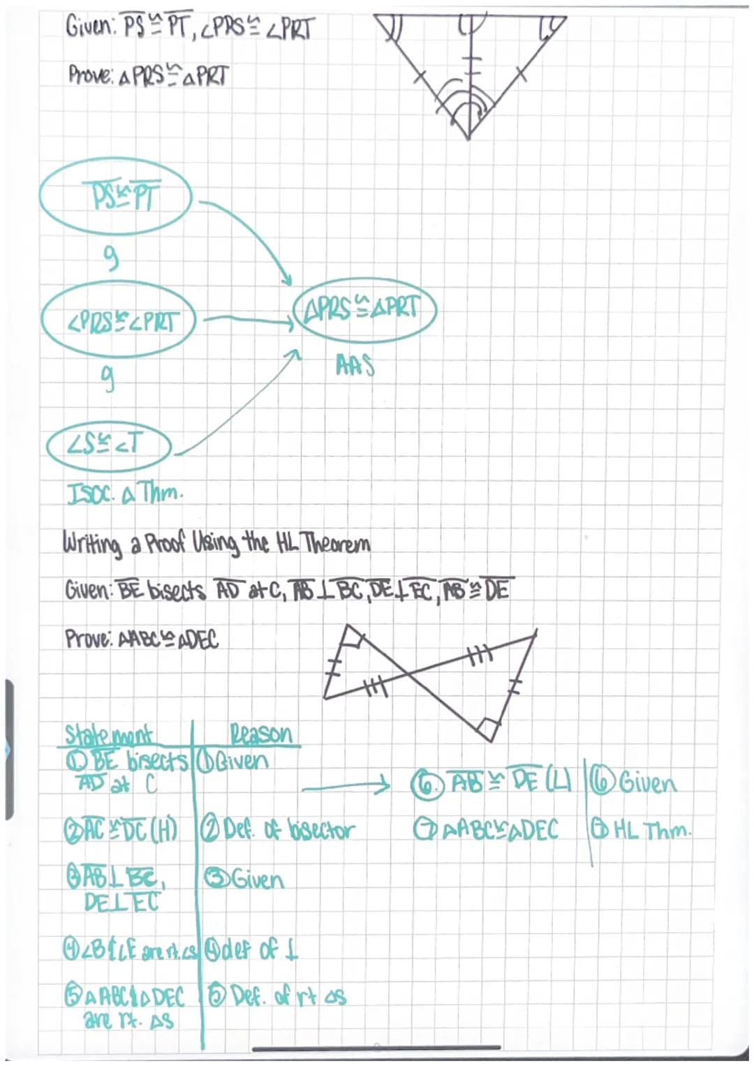 3-6 Congruence in Kight Triangles
Theorem 23- Hypotenuse-Leg (HL) Theorem
Theorem- If the hypotenuse & a leg of one right triangle are
congr