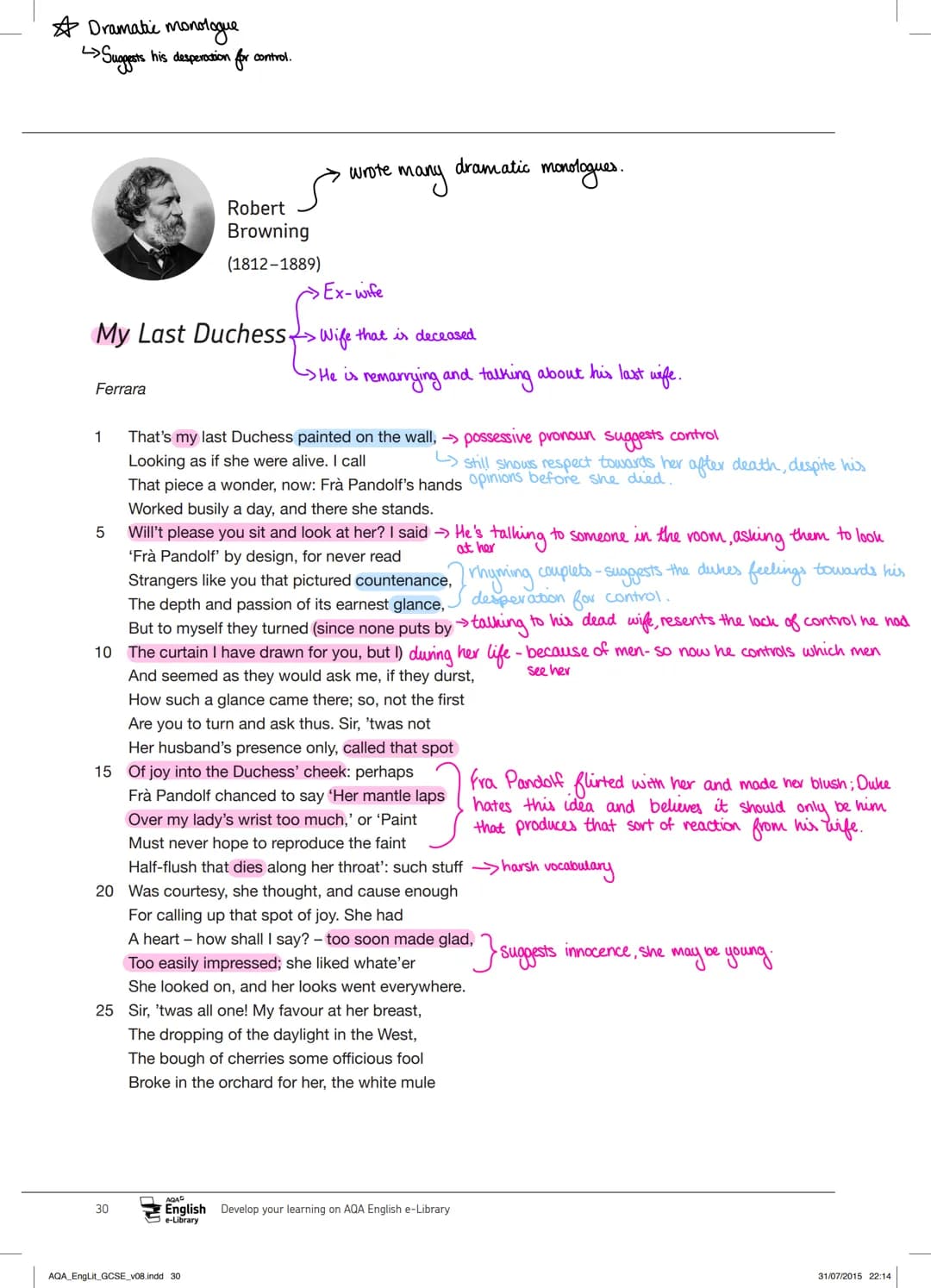 ☆ Dramatic monologue
Suggests his desperation for control.
My Last Duchess-
Ferrara
1
5
Robert
Browning
(1812-1889)
30
wrote many
→
•Ex-wife