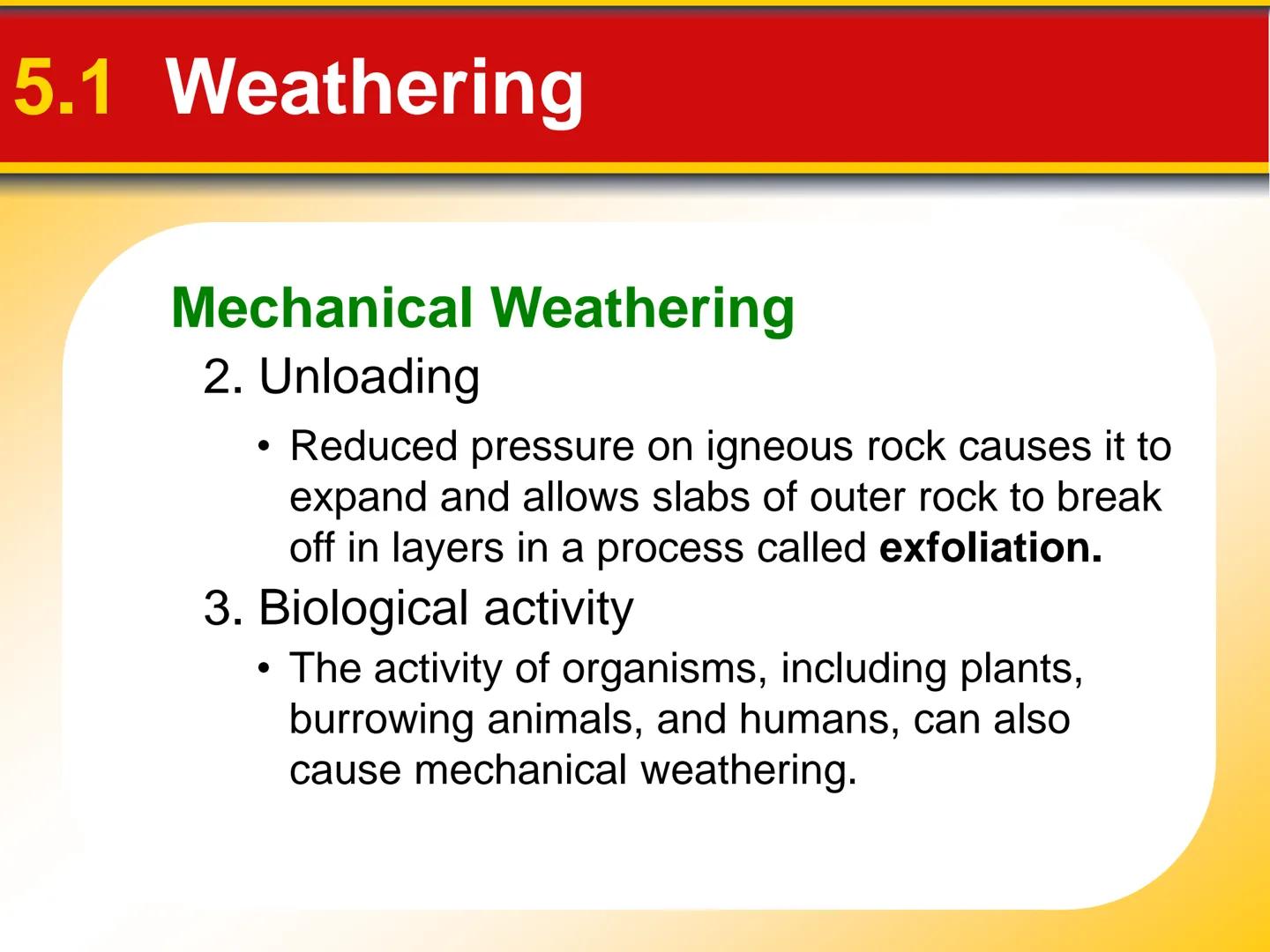 Chapter Weathering, Soil, and
Mass Movements
5 5.1 Weathering
Mechanical Weathering
Mechanical weathering occurs when
physical forces break 