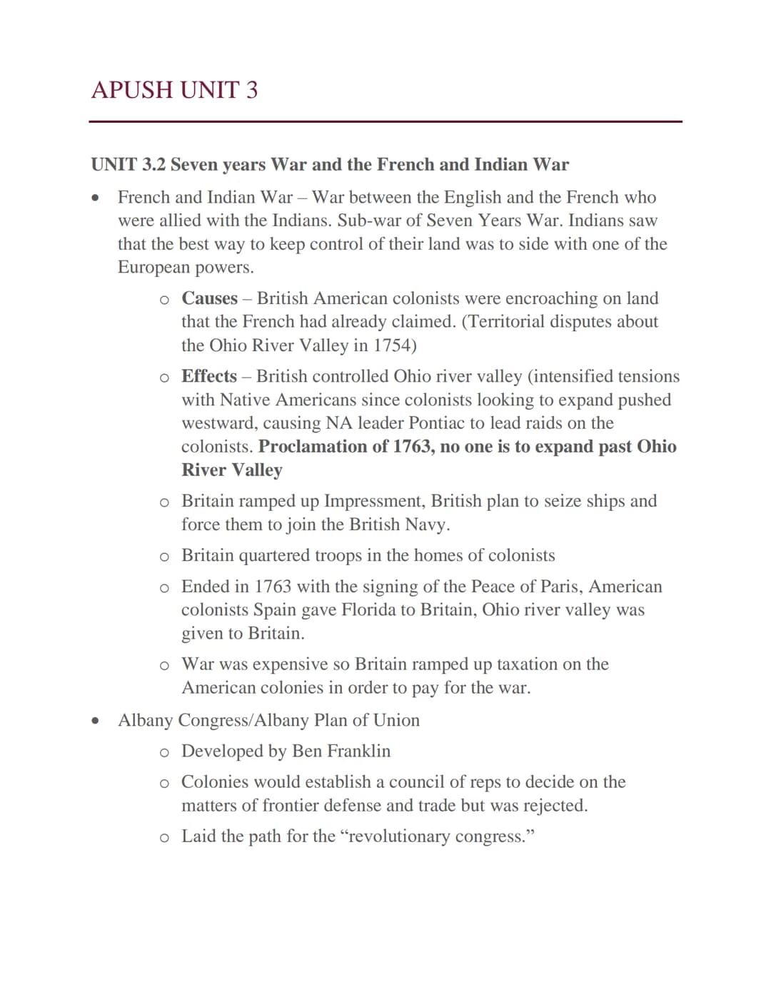APUSH UNIT 3
UNIT 3.2 Seven years War and the French and Indian War
French and Indian War - War between the English and the French who
were 