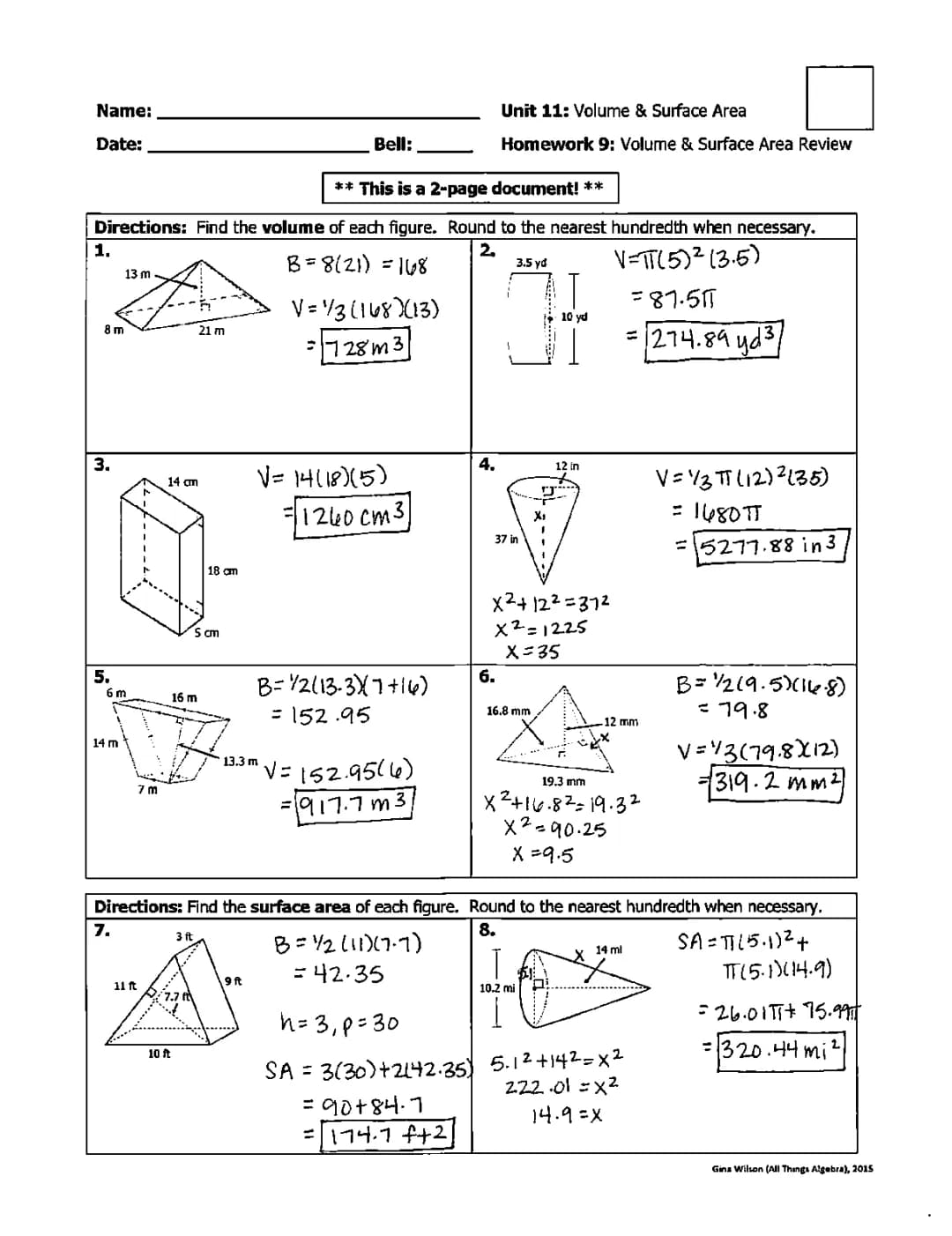 U11L9 Volume and Surface Area Review Homework Solutions