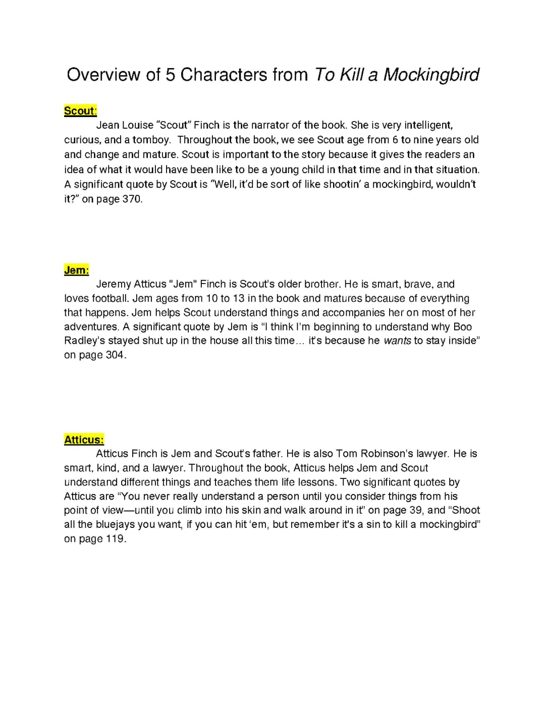 Overview of Main "To Kill A Mockingbird" Characters