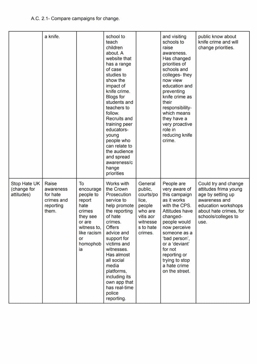 A.C. 2.1- Compare campaigns for change.
Include 5+ campaigns in the comparison, using the different sections on the table as
paragraphs/poin