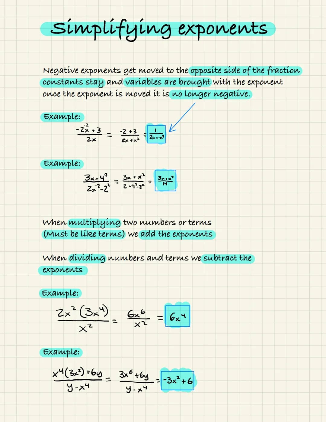 Simplifying exponents
Negative exponents get moved to the opposite side of the fraction
constants stay and variables are brought with the ex