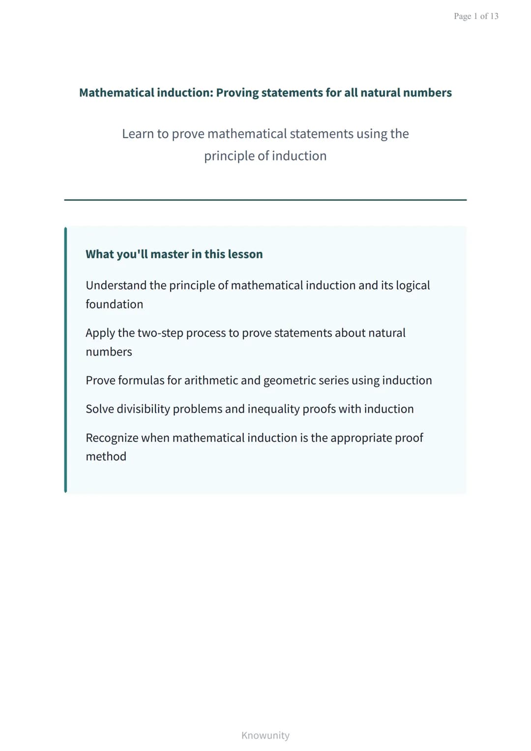 Mathematical induction: Proving statements for all natural numbers
Learn to prove mathematical statements using the
principle of induction
W