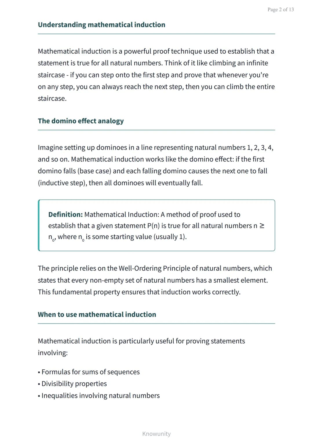 Mathematical induction: Proving statements for all natural numbers
Learn to prove mathematical statements using the
principle of induction
W