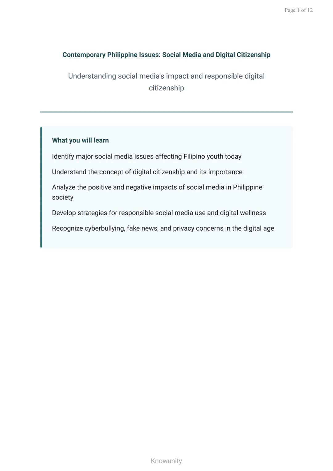 Contemporary Philippine Issues: Social Media and Digital Citizenship
Understanding social media's impact and responsible digital
citizenship