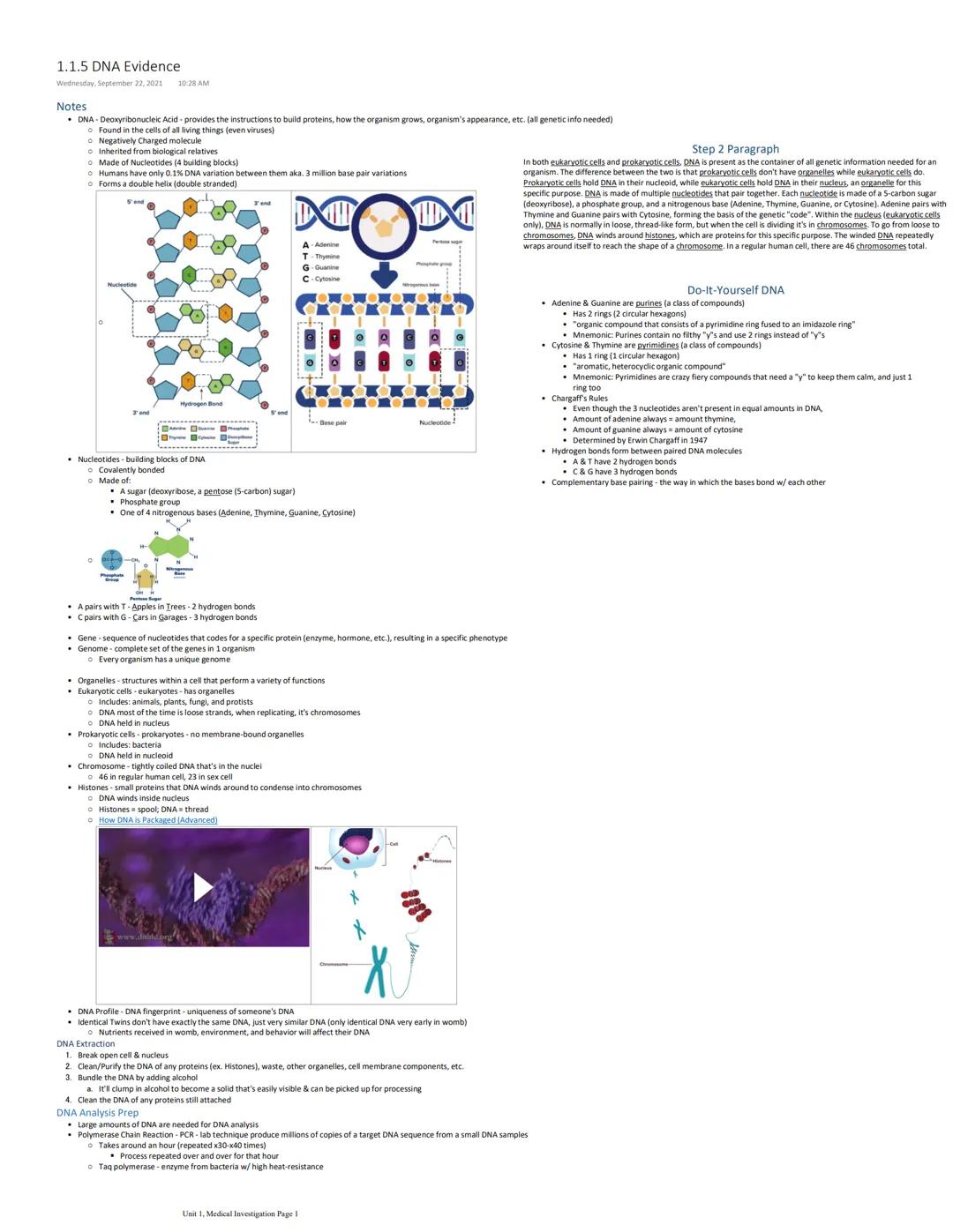 1.1.5 DNA Evidence
Wednesday, September 22, 2021 10:28 AM
Notes
• DNA- Deoxyribonucleic Acid - provides the instructions to build proteins, 