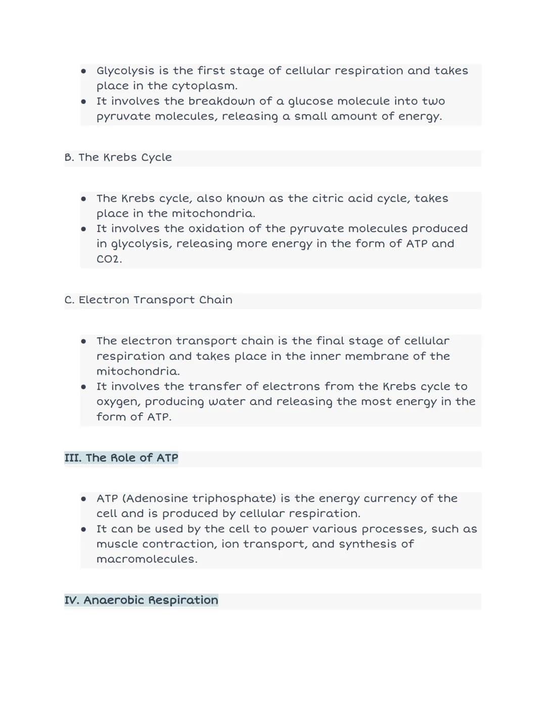 CELLULAR RESPIRATION
I. Introduction
● Cellular respiration is the process by which cells convert the
energy stored in organic molecules int
