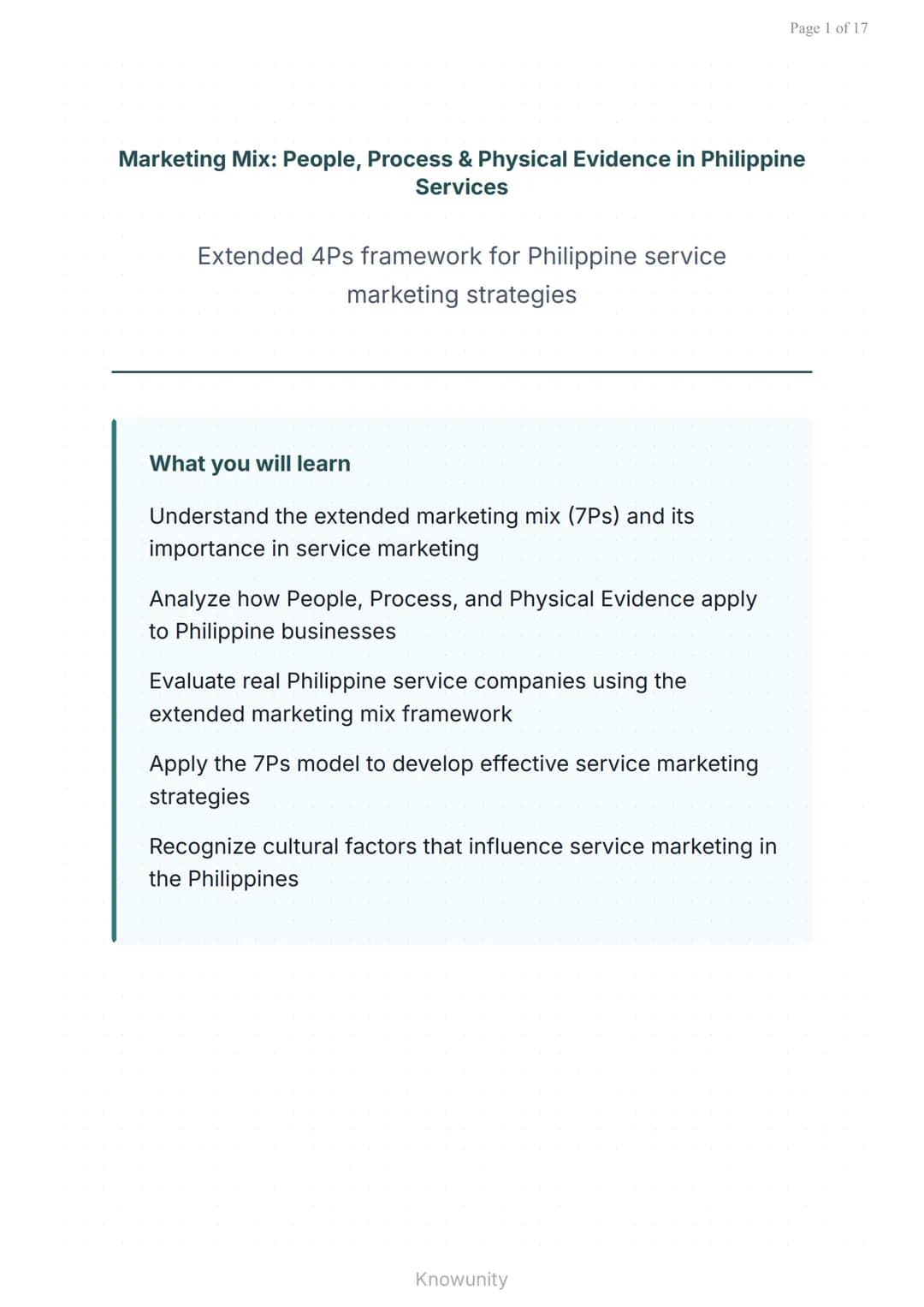 Page 1 of 17
Marketing Mix: People, Process & Physical Evidence in Philippine
Services
Extended 4Ps framework for Philippine service
m
arket