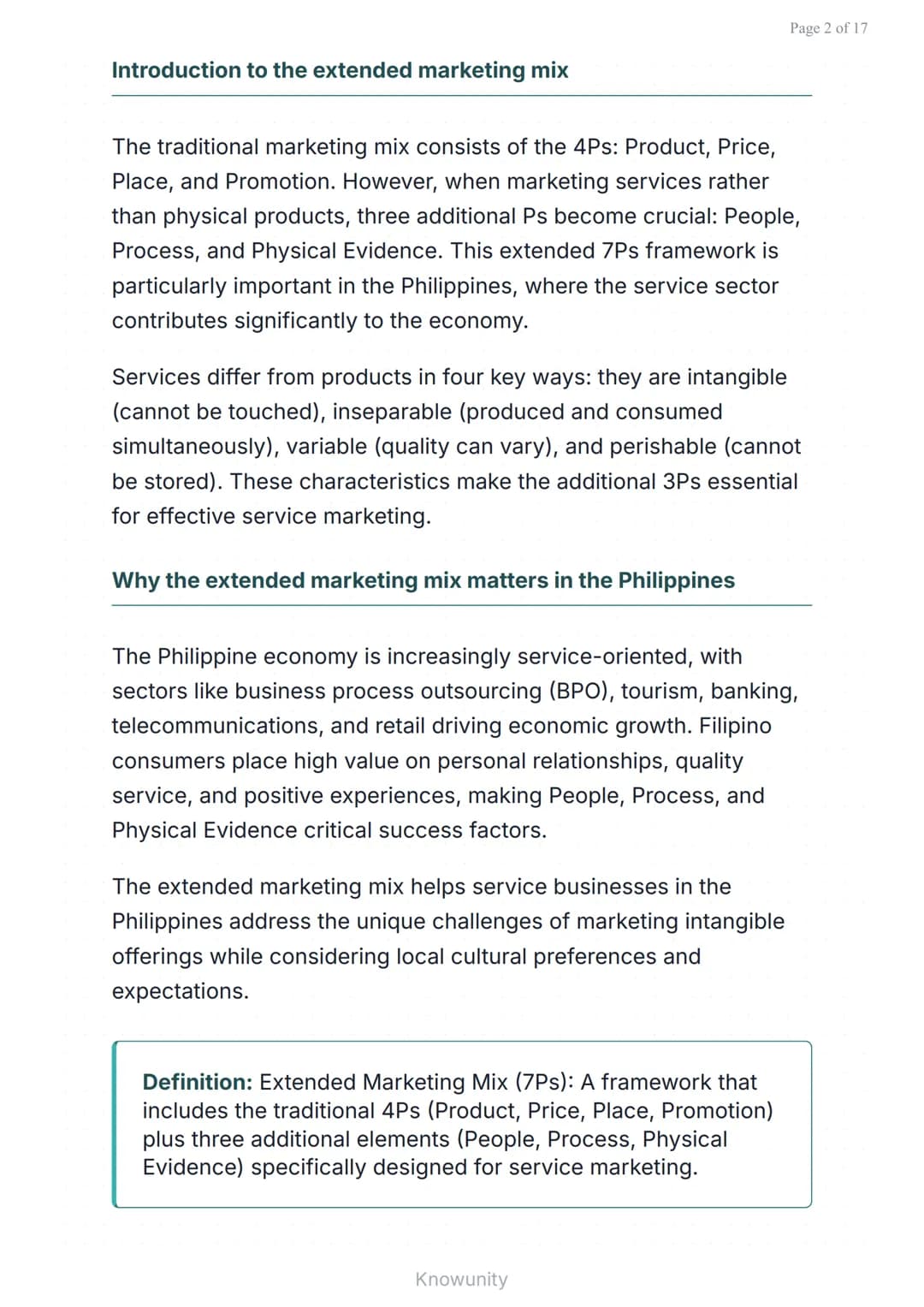 Page 1 of 17
Marketing Mix: People, Process & Physical Evidence in Philippine
Services
Extended 4Ps framework for Philippine service
m
arket