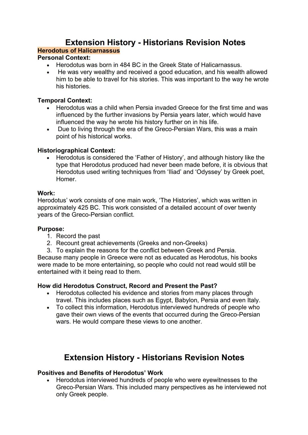 Extension History - Historians Revision Notes
Herodotus of Halicarnassus
Personal Context:
Herodotus was born in 484 BC in the Greek State o