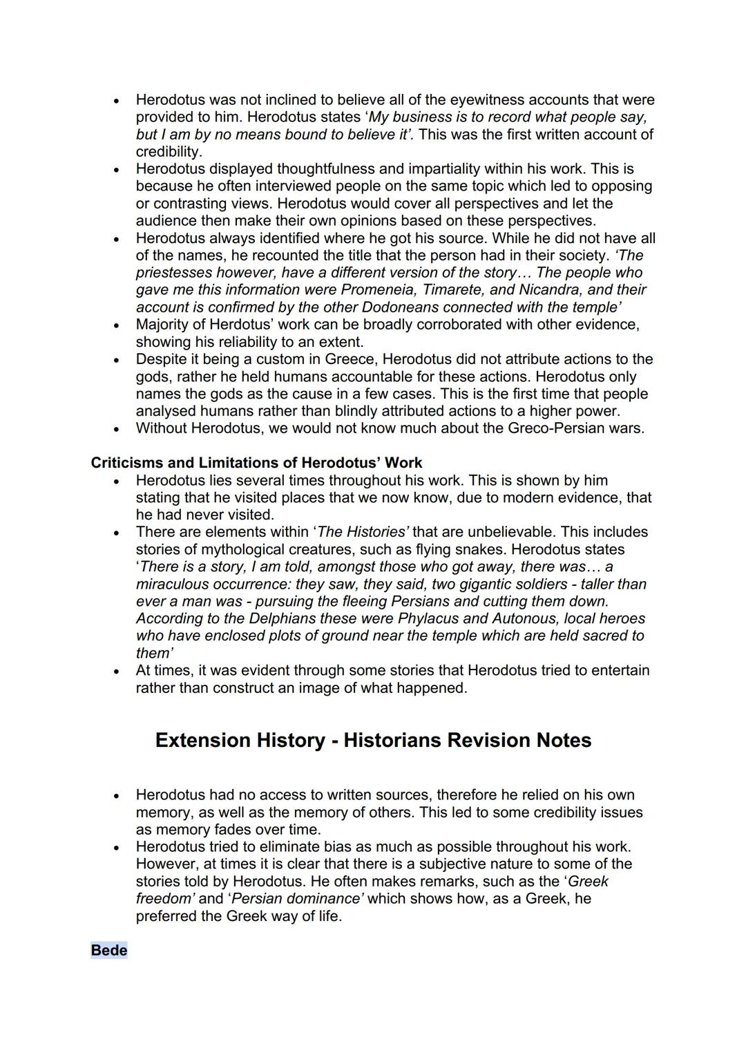Extension History - Historians Revision Notes
Herodotus of Halicarnassus
Personal Context:
Herodotus was born in 484 BC in the Greek State o