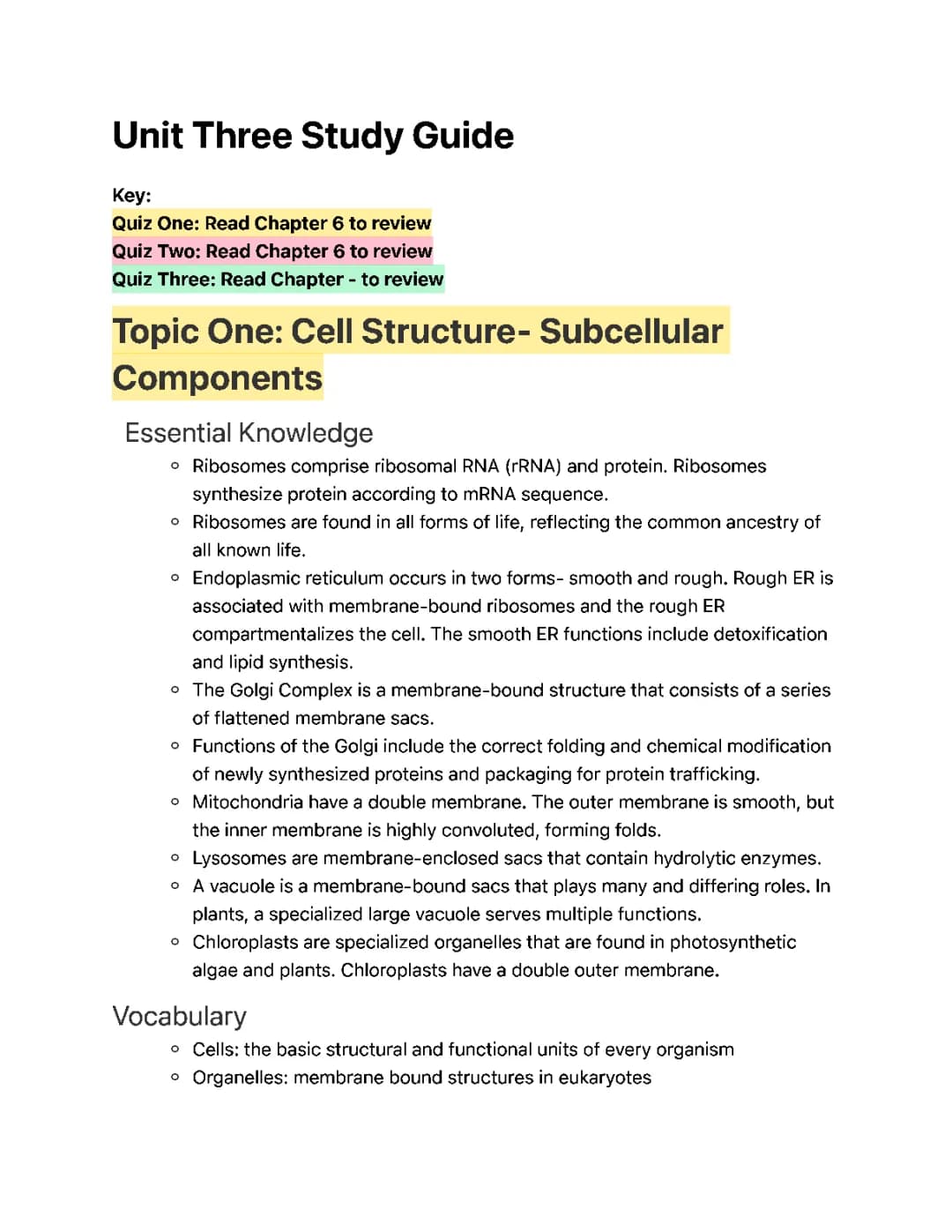 AP/College Biology: Cell Structure