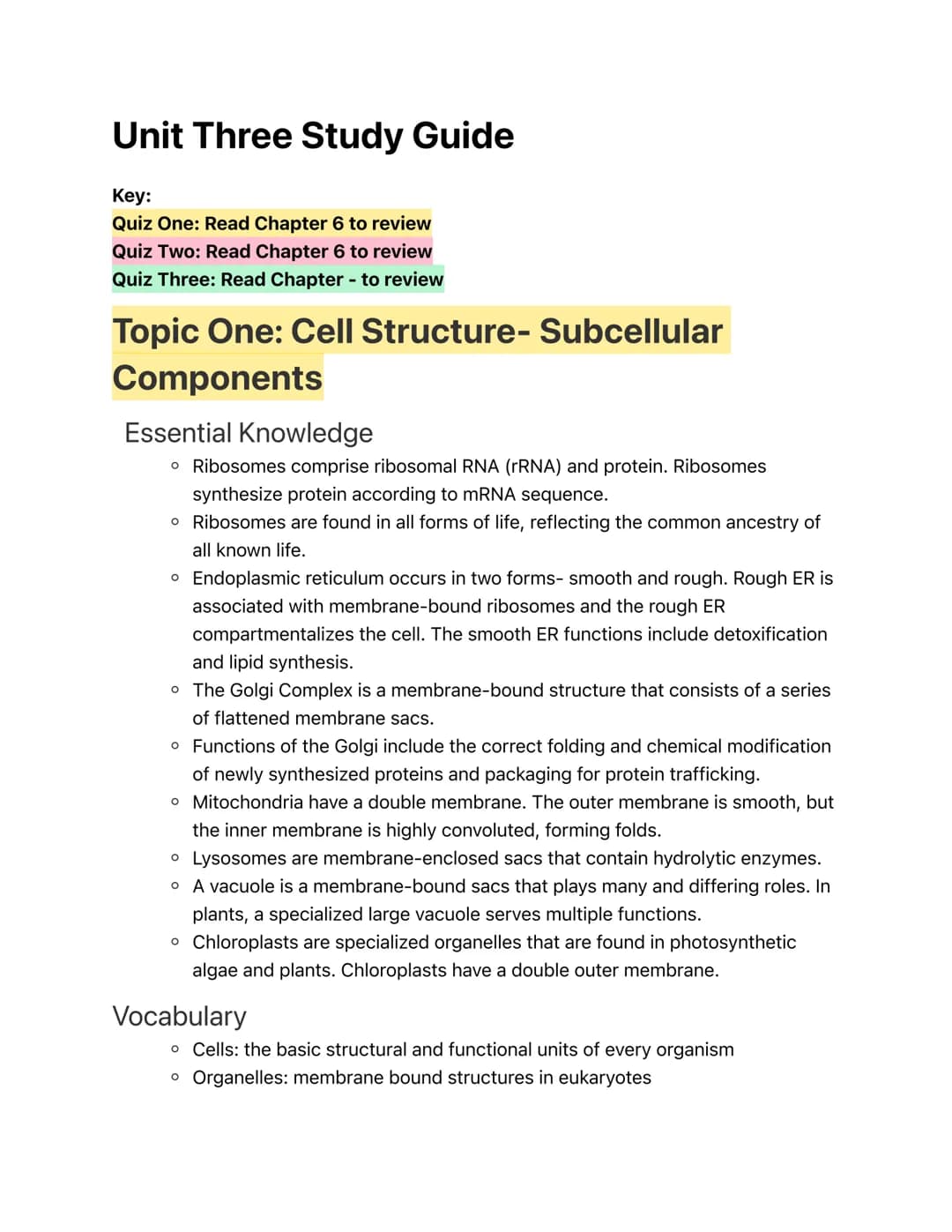 Unit Three Study Guide
Key:
Quiz One: Read Chapter 6 to review
Quiz Two: Read Chapter 6 to review
Quiz Three: Read Chapter - to review
Topic