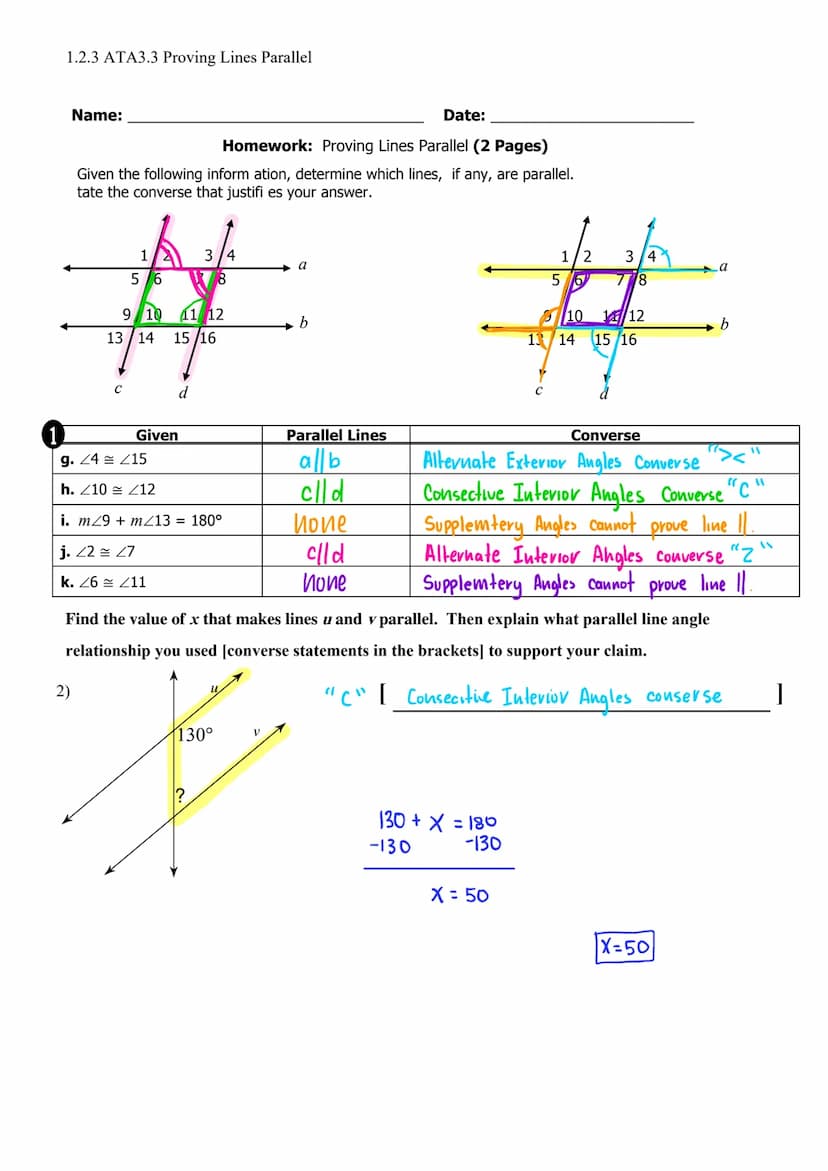 1.2.3 ATA3.3 Proving Lines Parallel
Name:
Date:
Aim: What is a Converse Statement? How do we use angle pair relationships formed
by 2 lines 