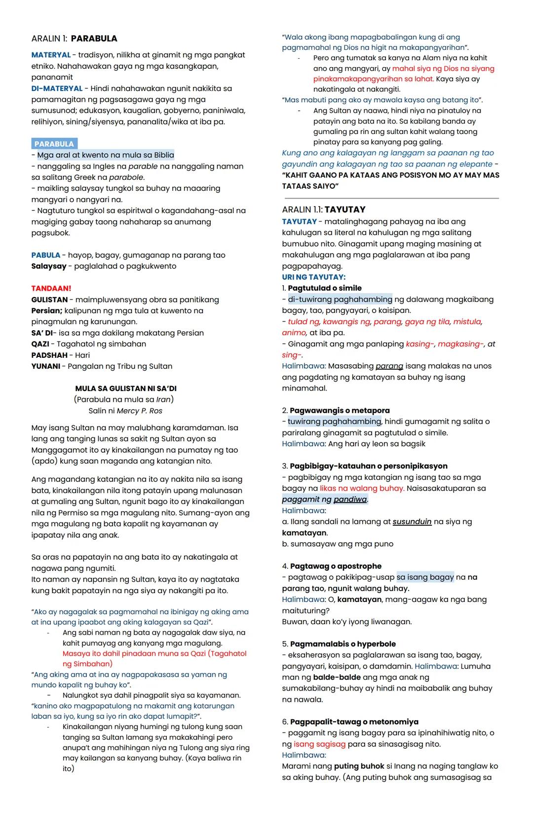 ARALIN 1: PARABULA
MATERYAL - tradisyon, nilikha at ginamit ng mga pangkat
etniko. Nahahawakan gaya ng mga kasangkapan,
pananamit
DI-MATERYA