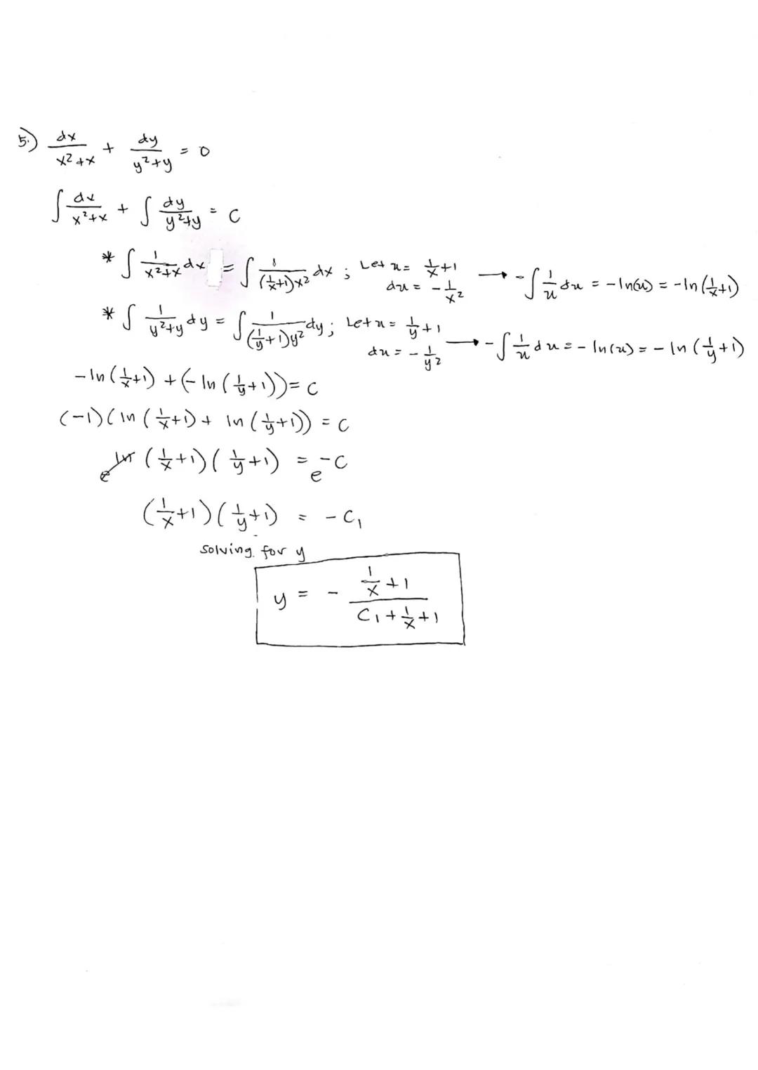 Separable /Homogeneous
Variable
x²y² = 4x² + xy + 2y²
x ²
dy
2
du = 4x² + 7 xy + 2y ²
Let y = VX
ī
x² (vdx + xdv) = 4x² + 7x²v + 2√² x²
dx
d