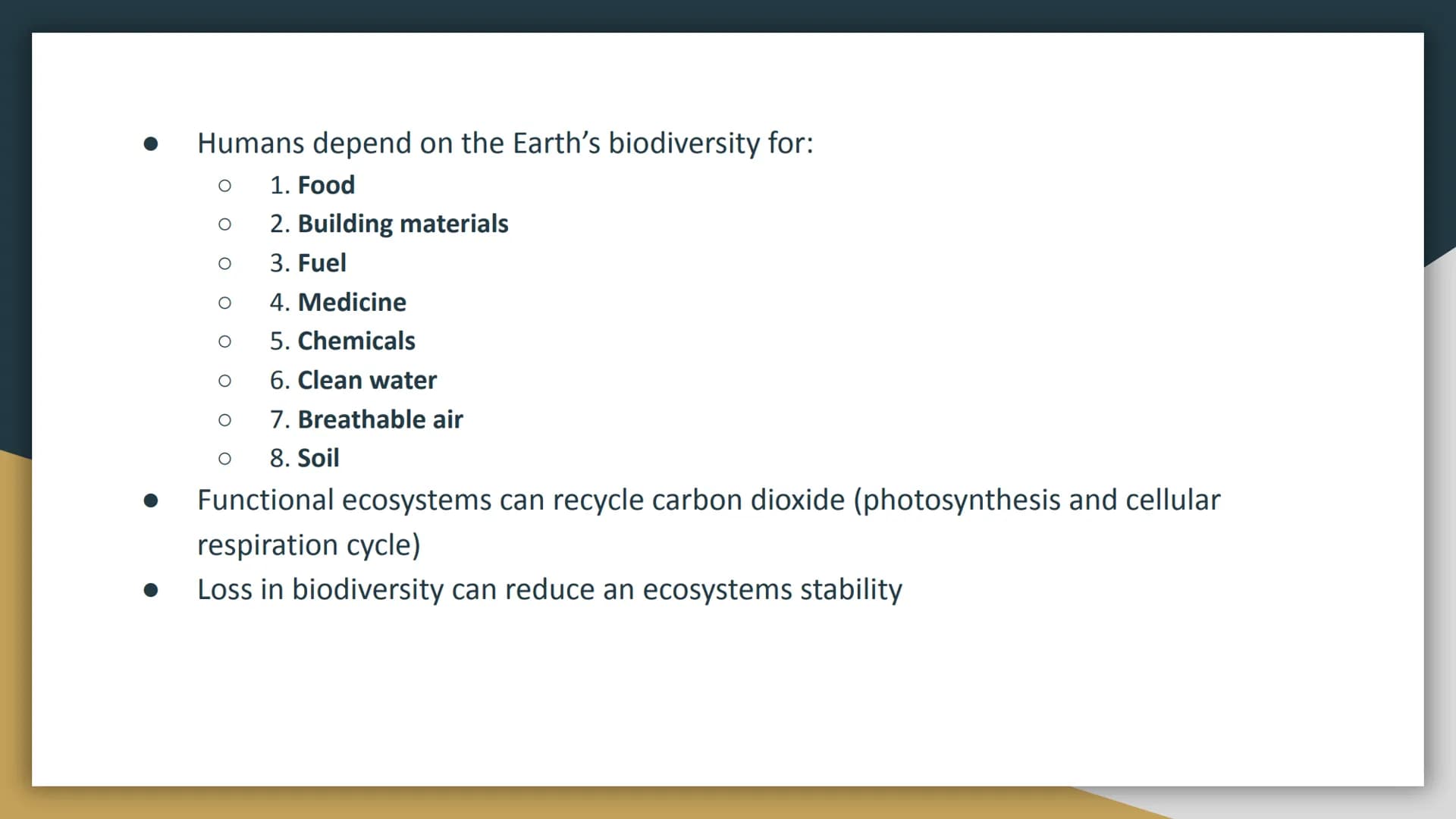 
<p>Human impact on biodiversity is a significant concern due to the various ways in which humans depend on Earth's biodiversity, such as fo