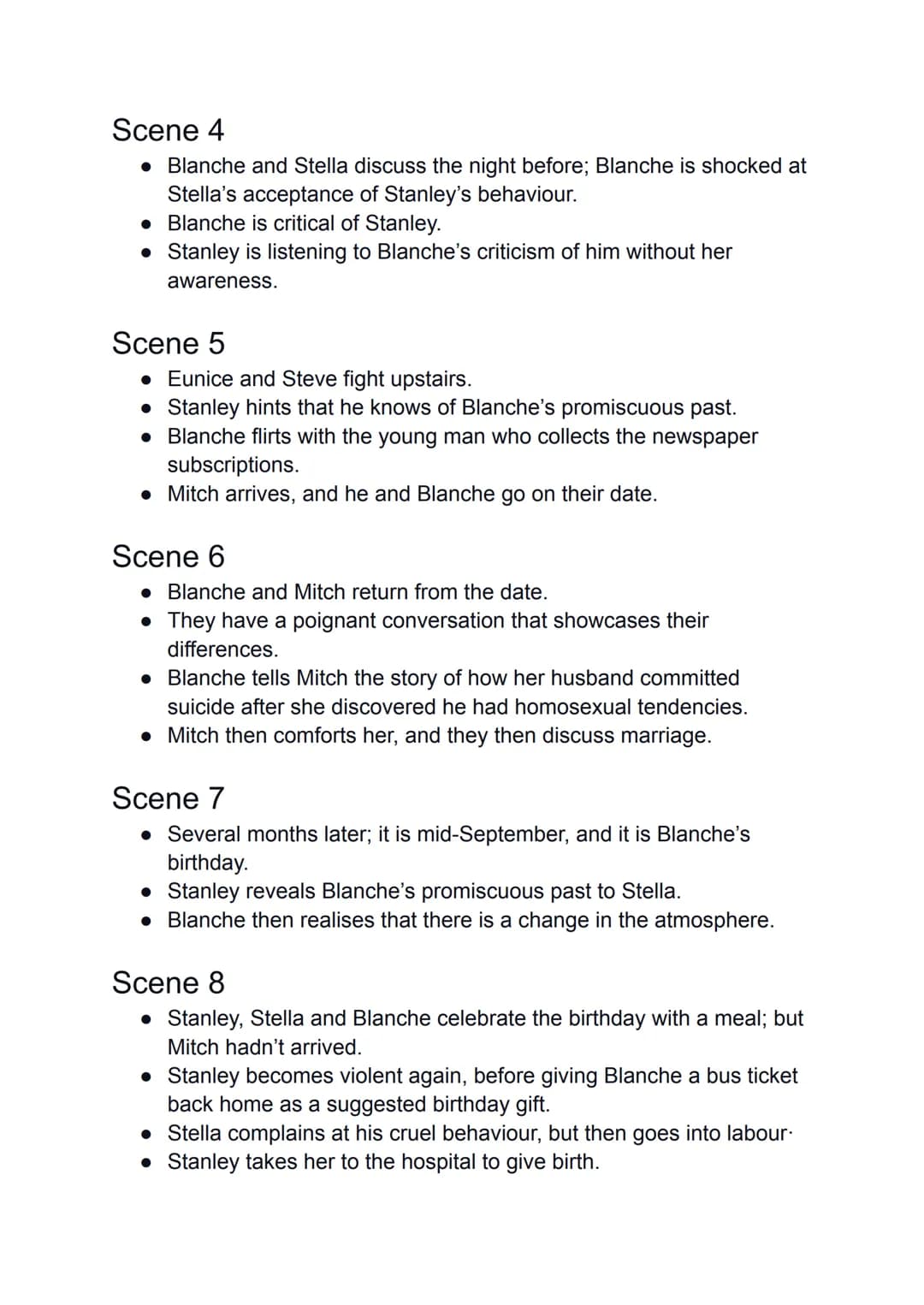 A Streetcar Named Desire
Scenes summary
Scene 1
• Stella watches Stanley and Mitch go bowling.
• Blanche arrives at the Elysian Fields and w