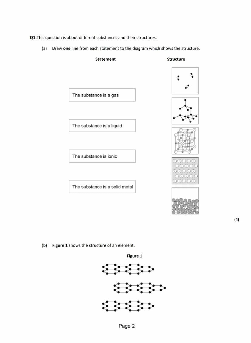 Q1.This question is about different substances and their structures.
(a) Draw one line from each statement to the diagram which shows the st