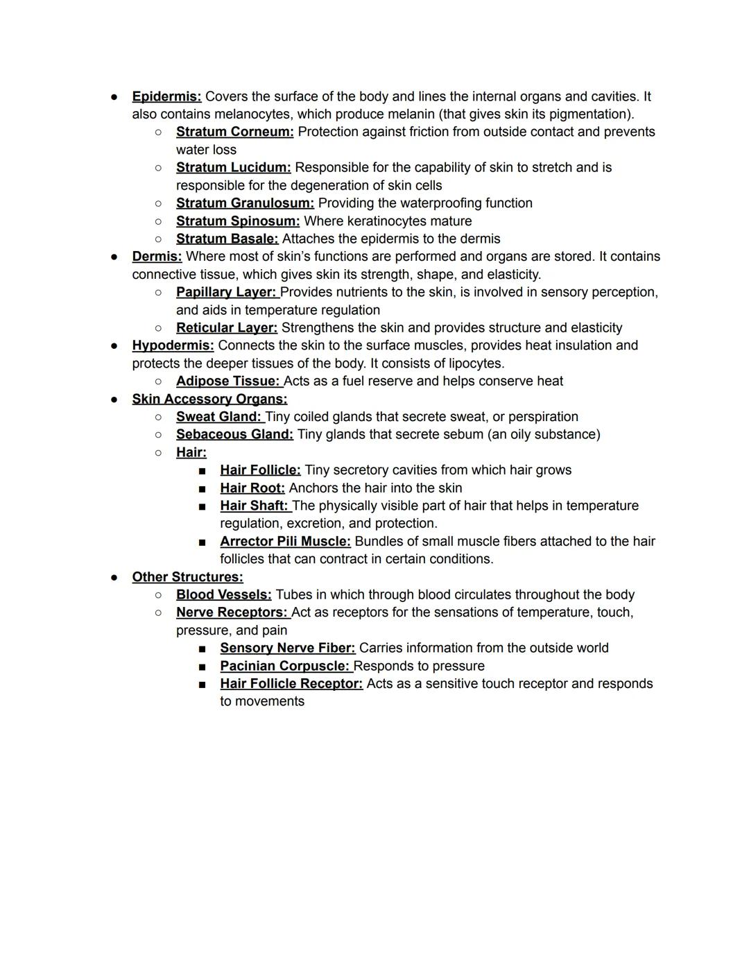 ●
Epidermis: Covers the surface of the body and lines the internal organs and cavities. It
also contains melanocytes, which produce melanin 